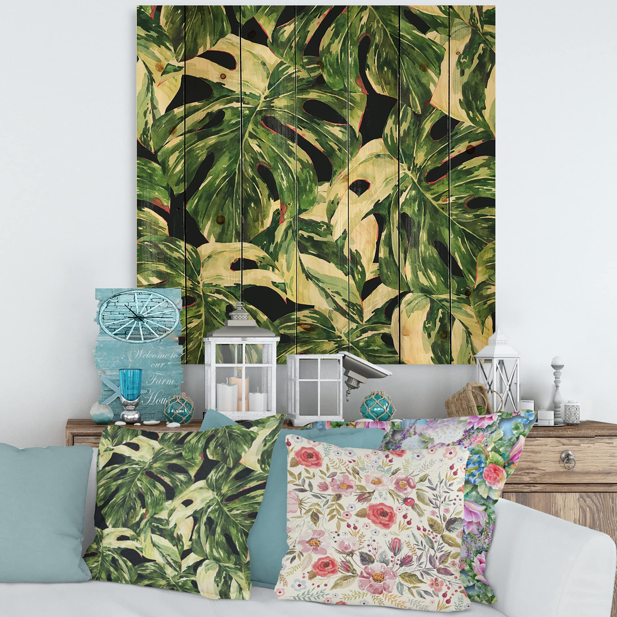 Exotic Tropical Leaf Wall Decor - Natural Pine Wood Art with Large Floral Prints, Green Wooden Wall Panels for Living Room, Bedroom & Office Decoration