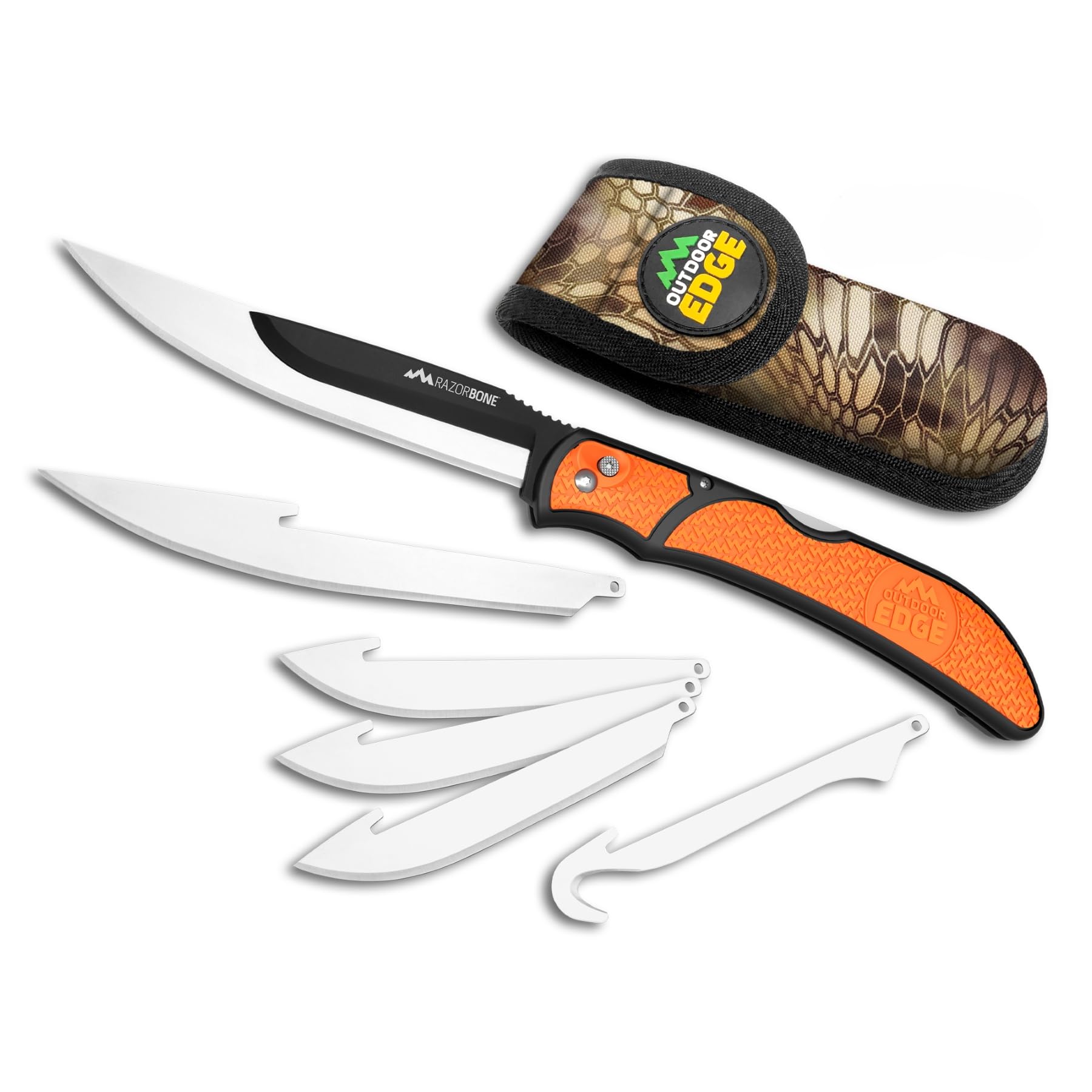 OUTDOOR EDGE RazorBone Replaceable Blade Folding Hunting Knife with Clip & Sheath - 3 Blade Styles (Boning, Gutting, Skinning) | Blaze Orange Handle, Camo Sheath, 6 Blades & Storage Box | Ideal for Hunting, Camping, Field Dressing & Outdoor Survival