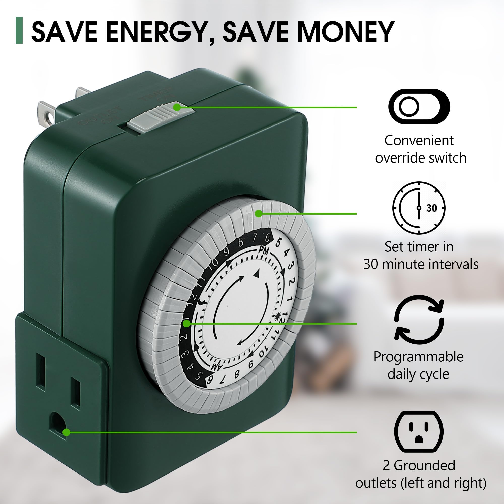 24 Hour 2 Grounded Outlets Mechanical Outlet Timer - Plug in Light Timer for Christmas Tree & Indoor Electrical Outlets - Daily On/Off Cycle - Perfect for Xmas Lights, Holiday Decorations & Home Appliances (2 Pack, Green)