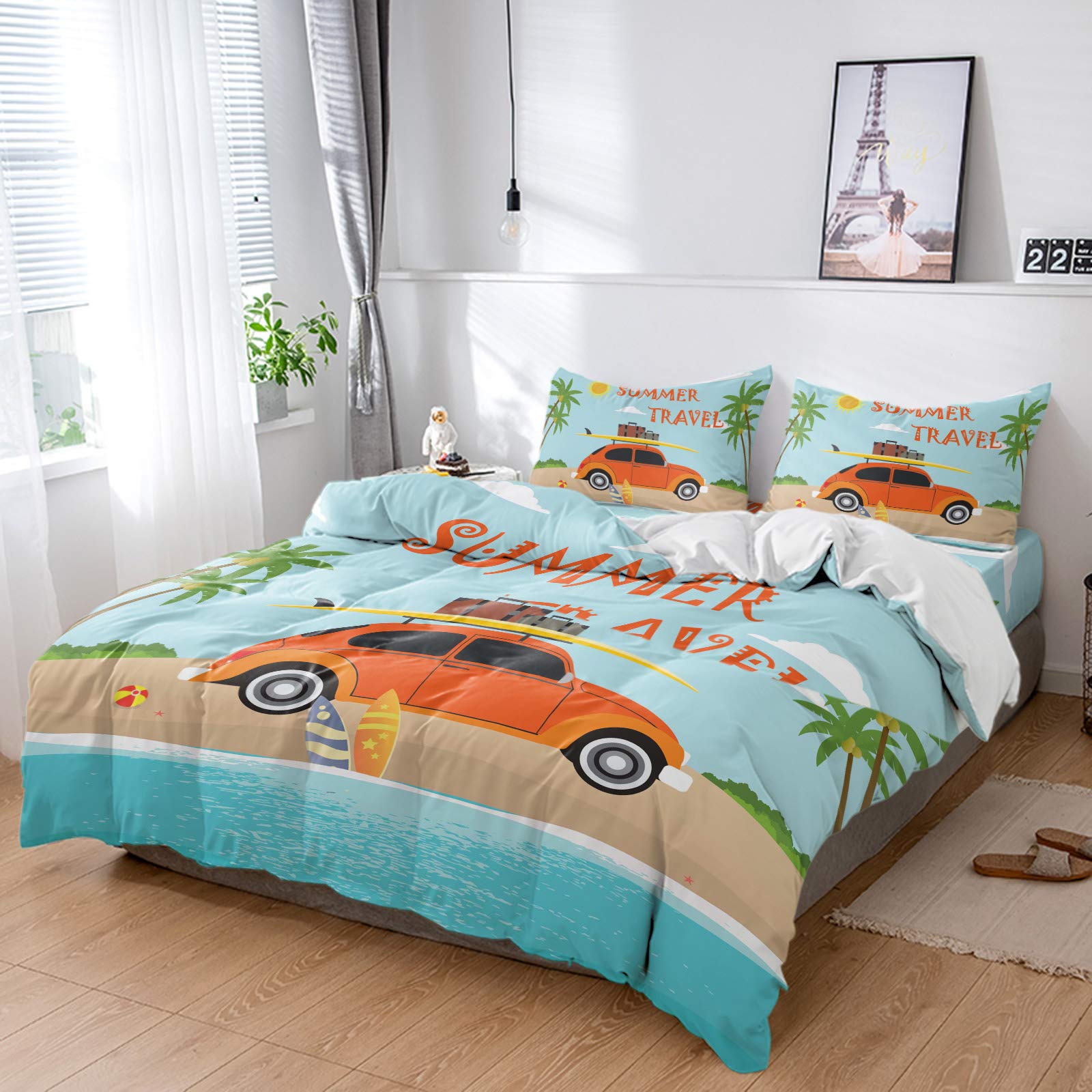 Litter Star Duvet Cover Set - 4 Piece Queen Size Bedding Set | Ultra Soft Microfiber Comforter Cover with Pillow Shams & Flat Sheet | Ocean Beach Cartoon Art Design | Perfect for Summer, Camping & Beach House Decor