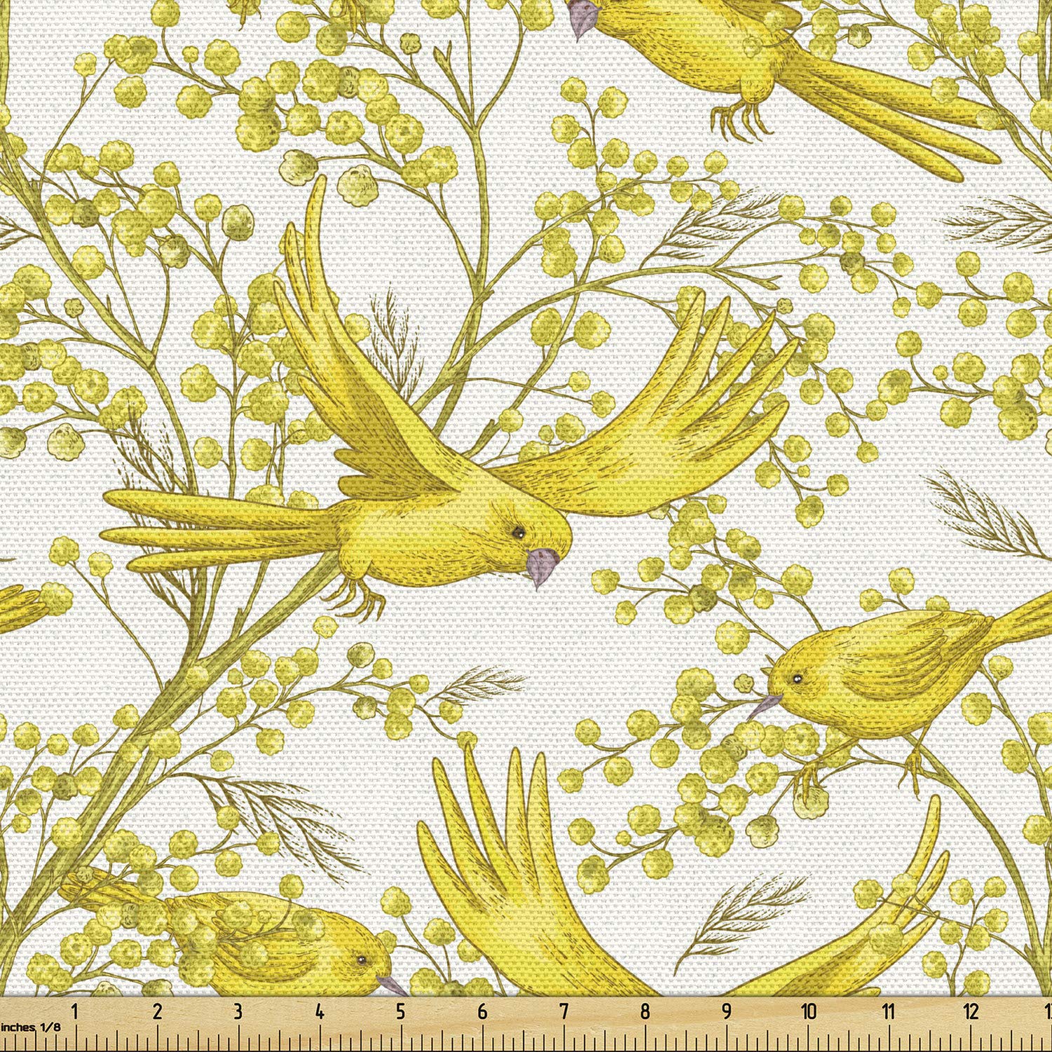 Ambesonne Spring Fabric by The Yard - Romantic Mimosa Flowers & Birds Pattern, Decorative Upholstery Fabric for Sofa, Curtains & Home Decor, 2 Yards, Yellow Earth Yellow | Perfect for DIY Projects, Pillow Covers & Table Runners