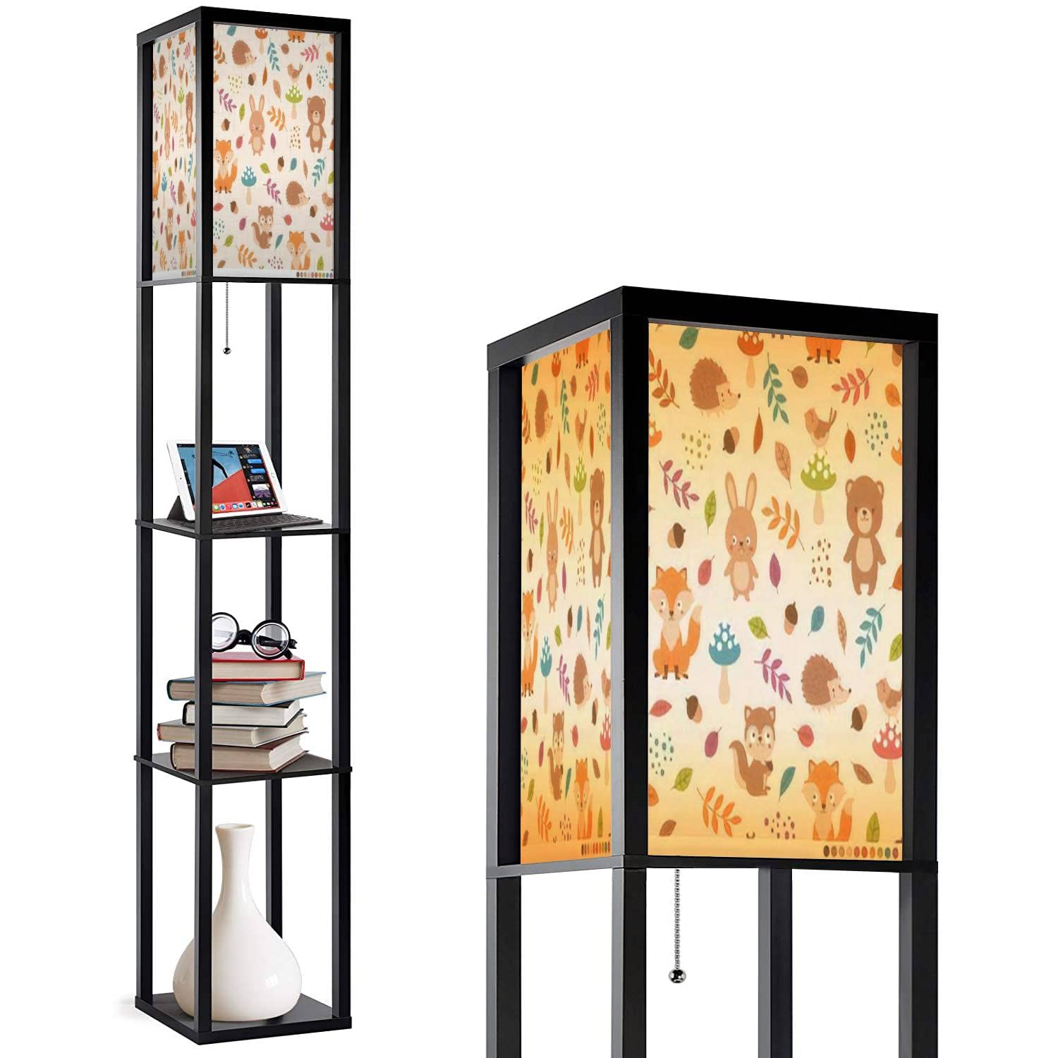 Woodland Animal Corner Floor Lamp with Shelves - 3 Color Temperature LED Standing Lamp with Linen Shade for Living Room, Bedroom, Nursery - Modern Tall Lamp with Storage & Night Light Function | Perfect for Reading Nook, Cozy Corner & Home Decor