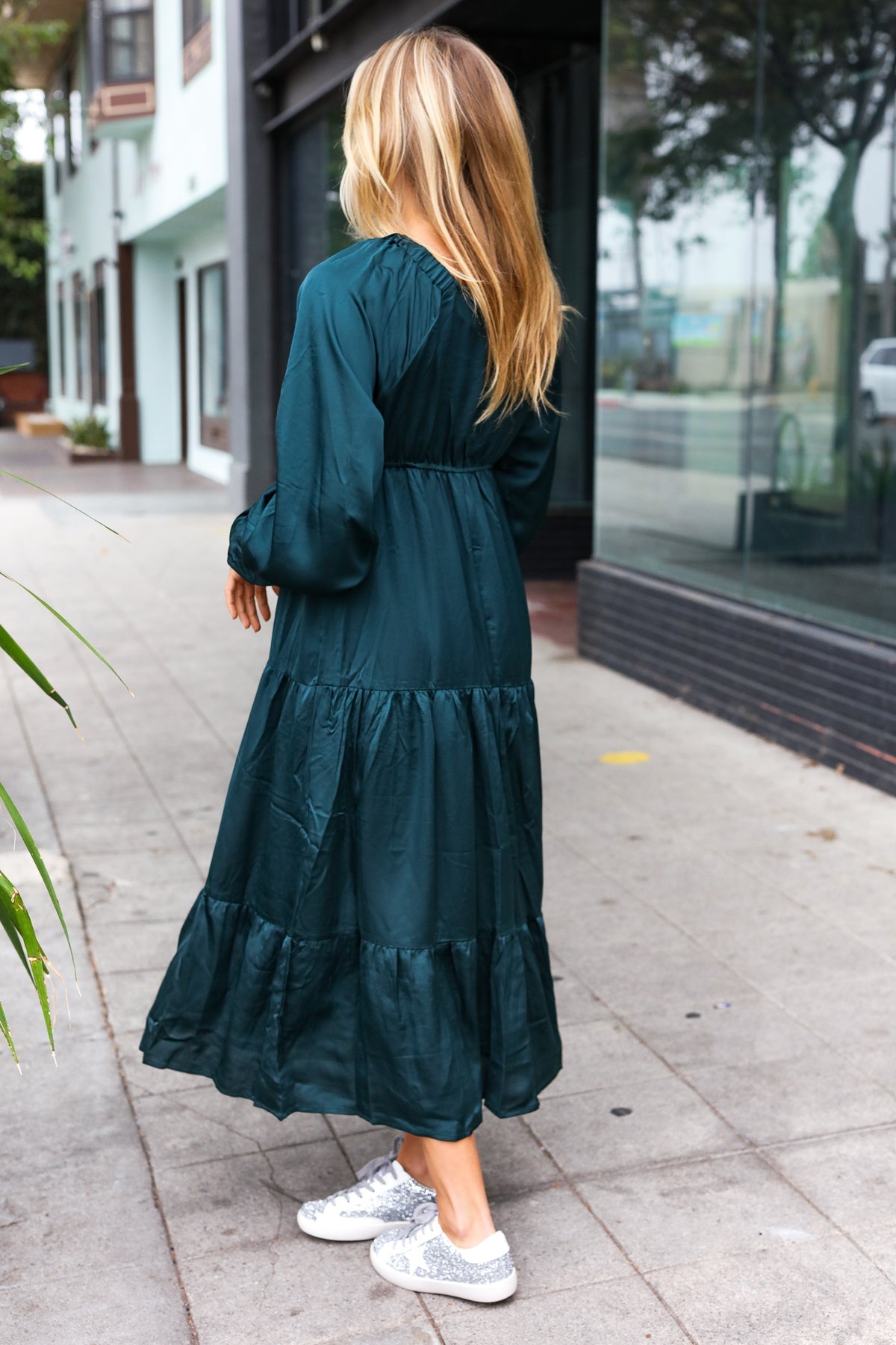 Elegant Hunter Green Elastic V-Neck Tiered Satin Maxi Dress for Women - Perfect for Weddings, Parties & Special Occasions