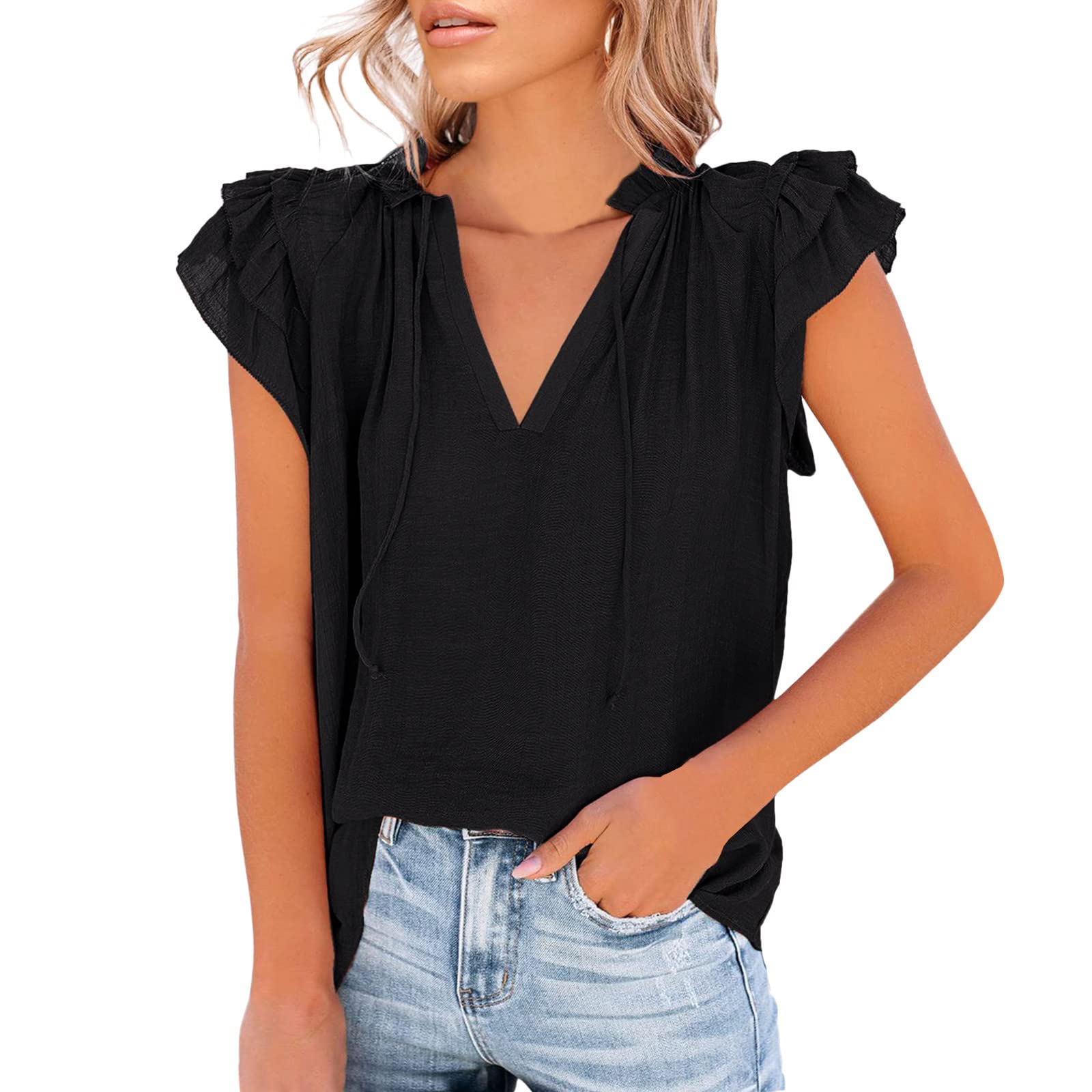 Women's Beige Button-Up Blouse - Casual V-Neck Ruffle Flutter Shirt with Cap Sleeves, Loose Fit (Black, Size L) | Perfect for Office Wear, Date Nights & Summer Outfits