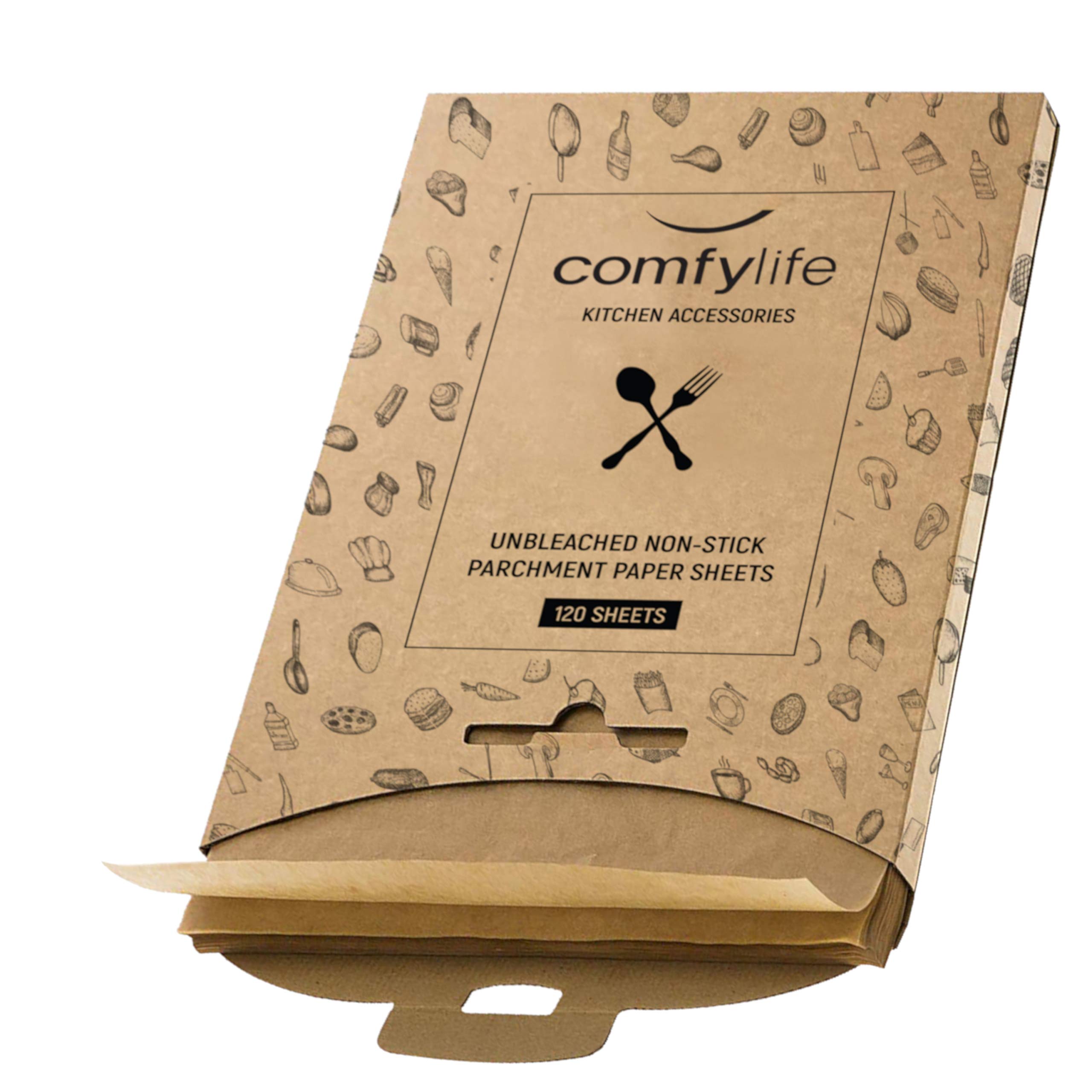 Comfylife 120-Pack Unbleached Parchment Paper Sheets - 16x12 Inch Precut Baking Paper for Cookies, Cakes & Pastries | Non-Stick, No Curl, No Tear, No Burn | Chemical-Free, Eco-Friendly Kitchen Essential for Baking, Roasting & Meal Prep