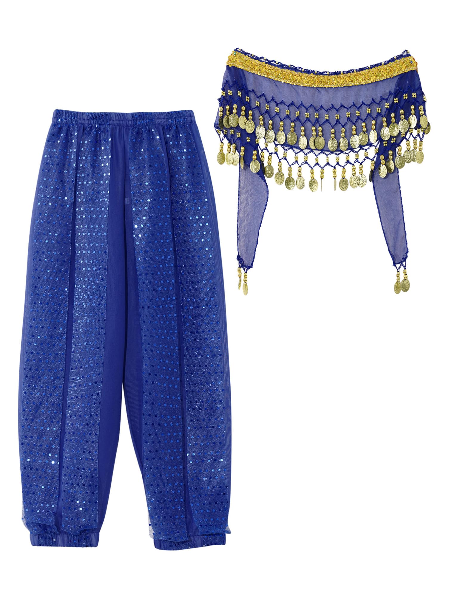 Aislor Girls' Belly Dance Pants with Beads & Coins - Tribal Arabic Harem Trousers for Kids - Indian Dance Costume with Matching Hip Scarf | Perfect for Dance Performances, Cultural Events & Costume Parties