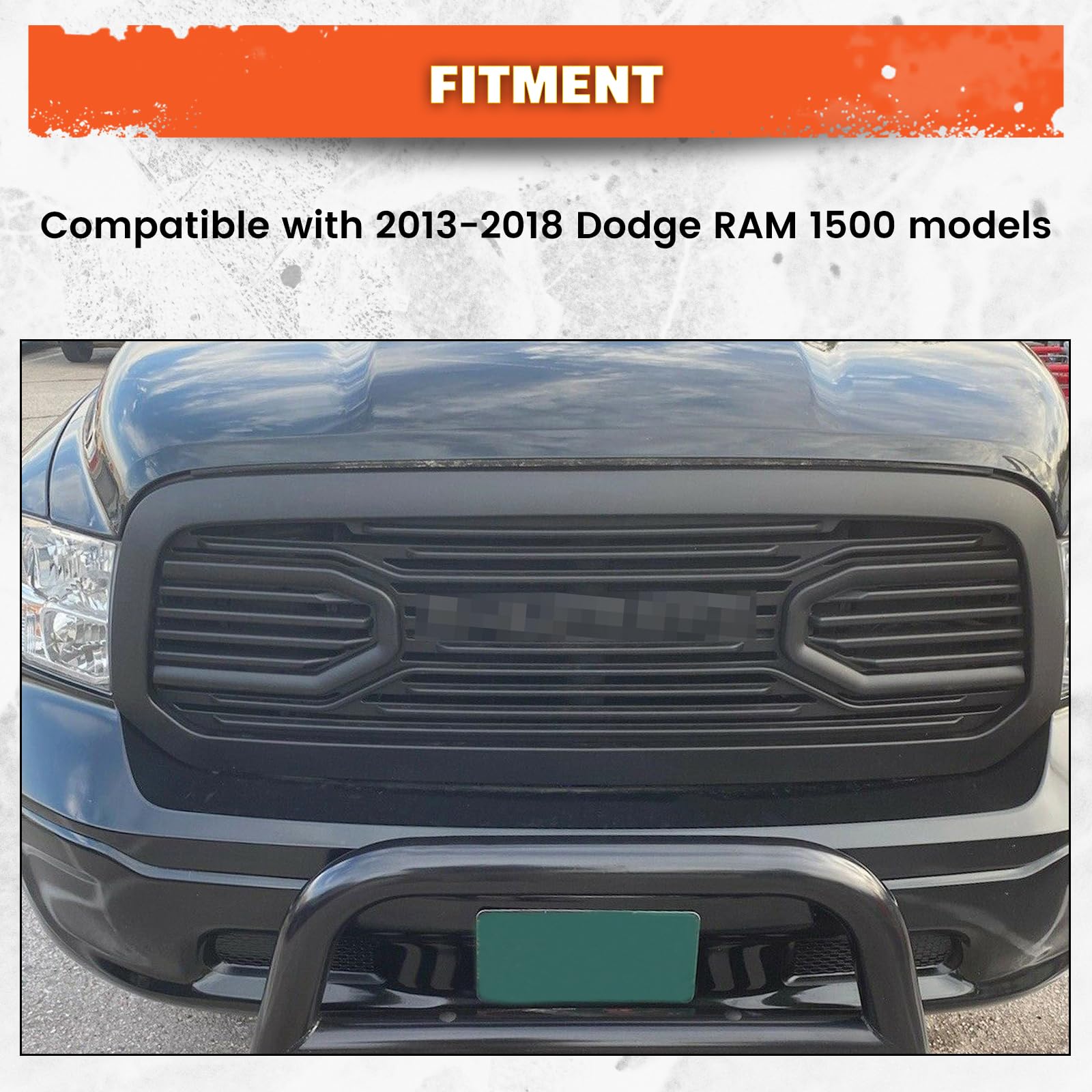 ECOTRIC Front Replacement Shell Grille Compatible With 2013-2018 Dodge RAM 1500 (Without Light) Black Big Horn Grill - Upgrade Your Truck's Style for Off-Roading & Daily Driving