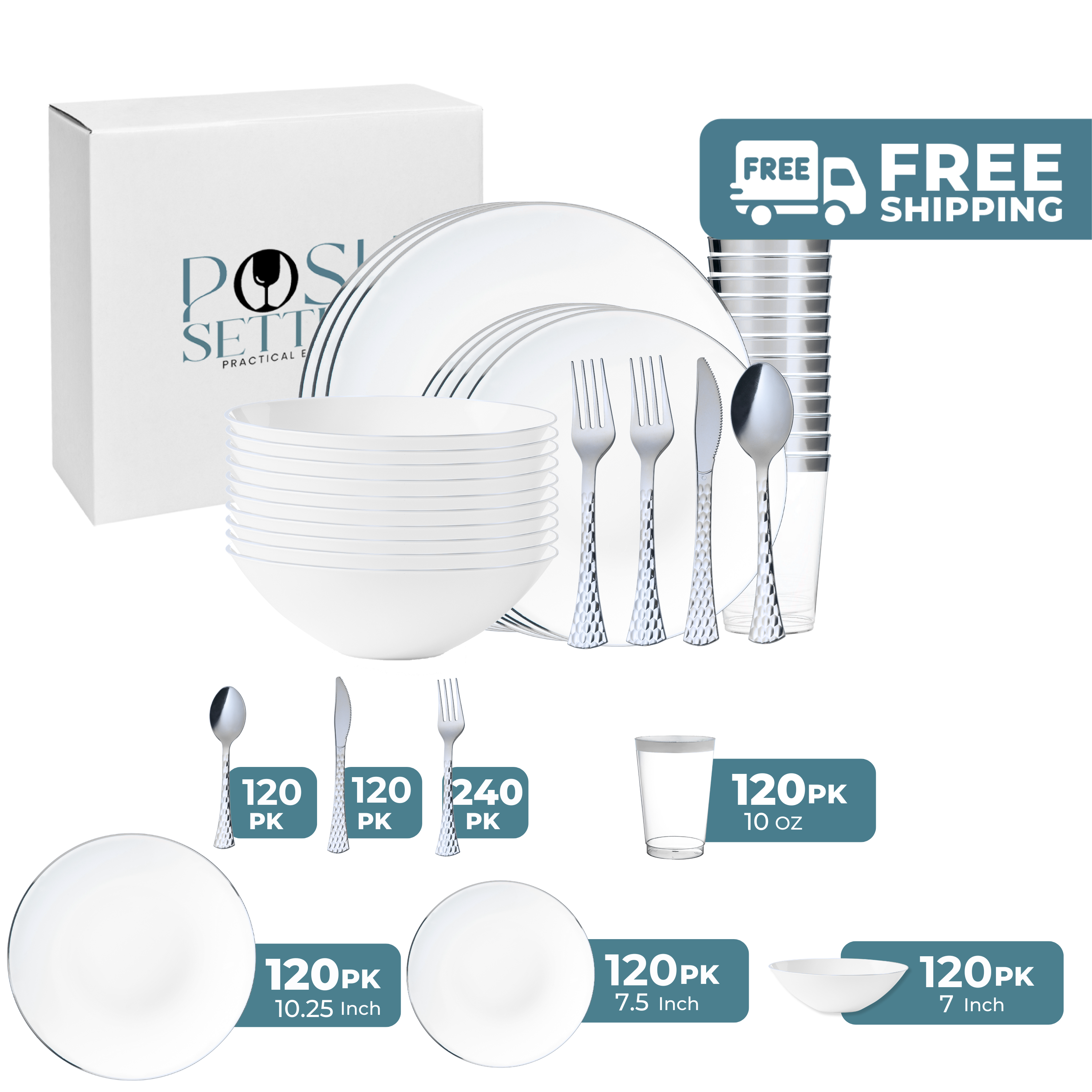 Silver & White Plastic Party Bundle - Eco-Friendly Disposable Tableware Set for Birthday, Wedding & Holiday Celebrations - Perfect for Parties, Picnics & Events