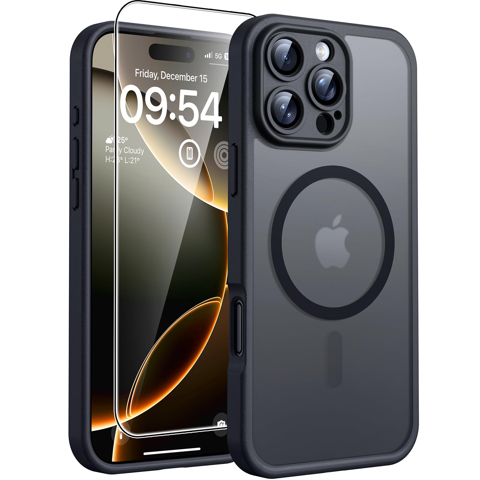 TOCOL 3 in 1 Magnetic Case for iPhone 16 Pro with 2 Tempered Glass Screen Protectors - Shockproof, Scratch Resistant, Full Camera Protection Magsafe Compatible Phone Cover (Black) - Perfect for Work, Travel & Outdoor Activities