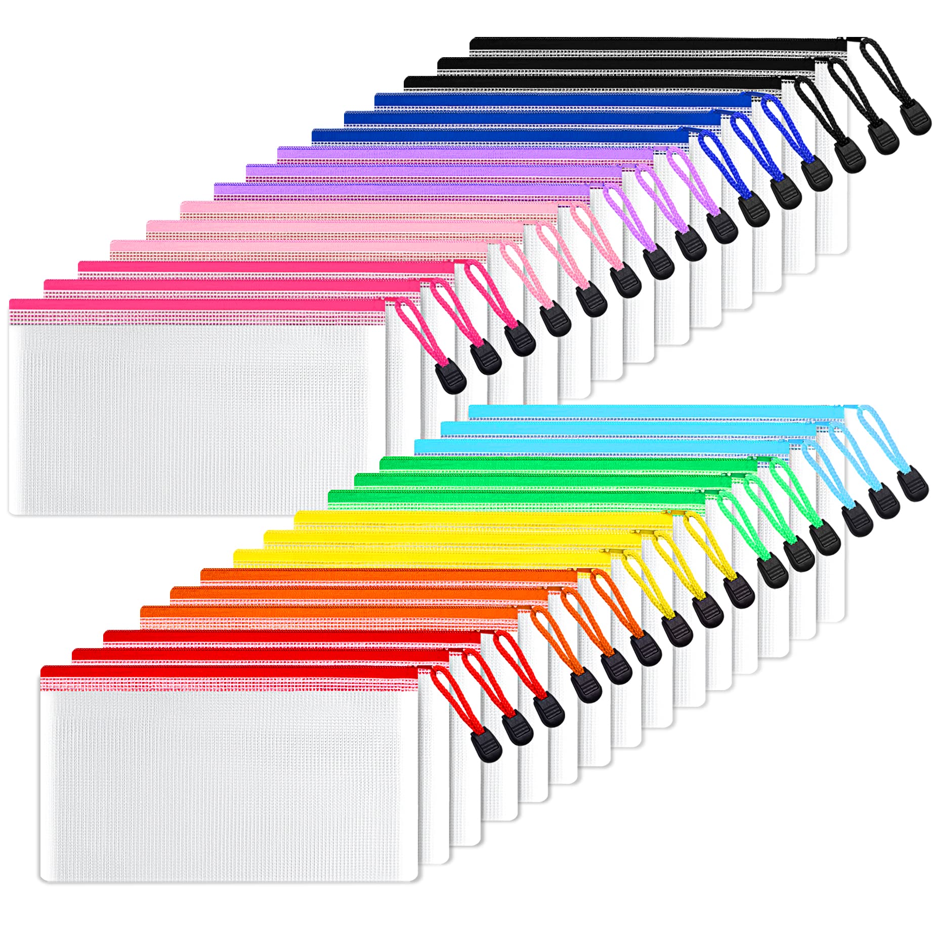 SUNEE Mesh Zipper Pouch 4x9 inches (10 Colors, 30 Pack) - Waterproof Zippered Mesh Bags for Organizing School Supplies, Office Accessories, Puzzles, Travel Essentials | Perfect for Backpacks, Craft Storage & Travel Organization