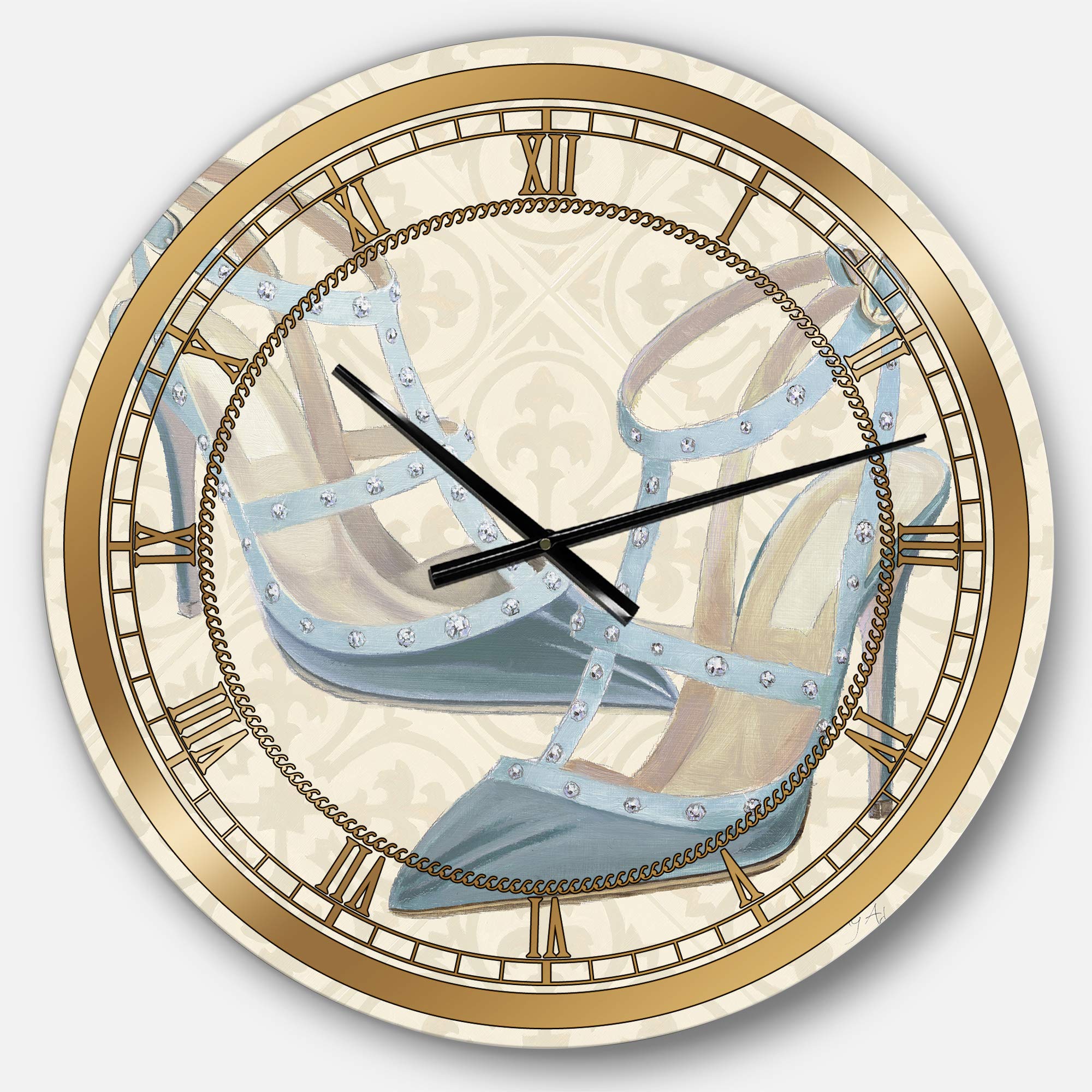 Designart Glam Cosmetics Blue Shoes Wall Art Round Metal Clock - Stylish Home Decor for Living Room, Bedroom & Office | Perfect for Fashion Lovers & Unique Interior Design