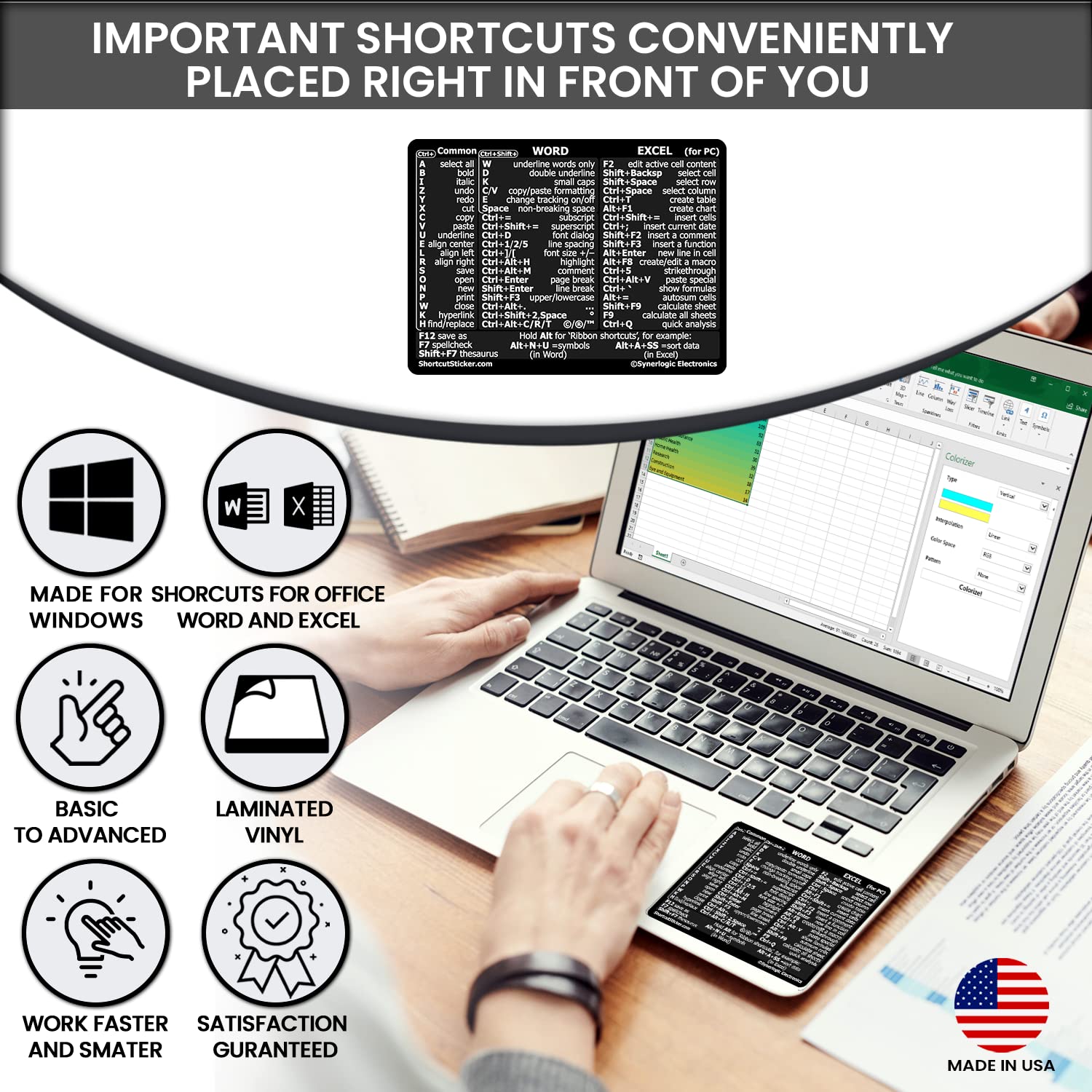 SYNERLOGIC Microsoft Word/Excel Keyboard Shortcut Sticker - Laminated, No-Residue Vinyl (Black/Large) for Enhanced Productivity in Office & Home Use