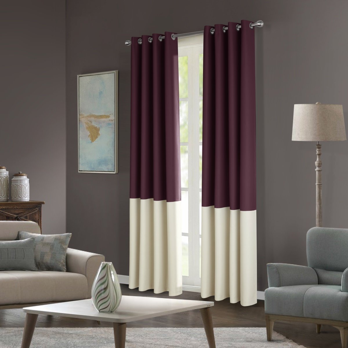Dreaming Casa Stitching Style Blackout Curtains - Light Blocking Drapes, Maroon & Ivory Color Block Window Treatment, Grommet Top Panels (42