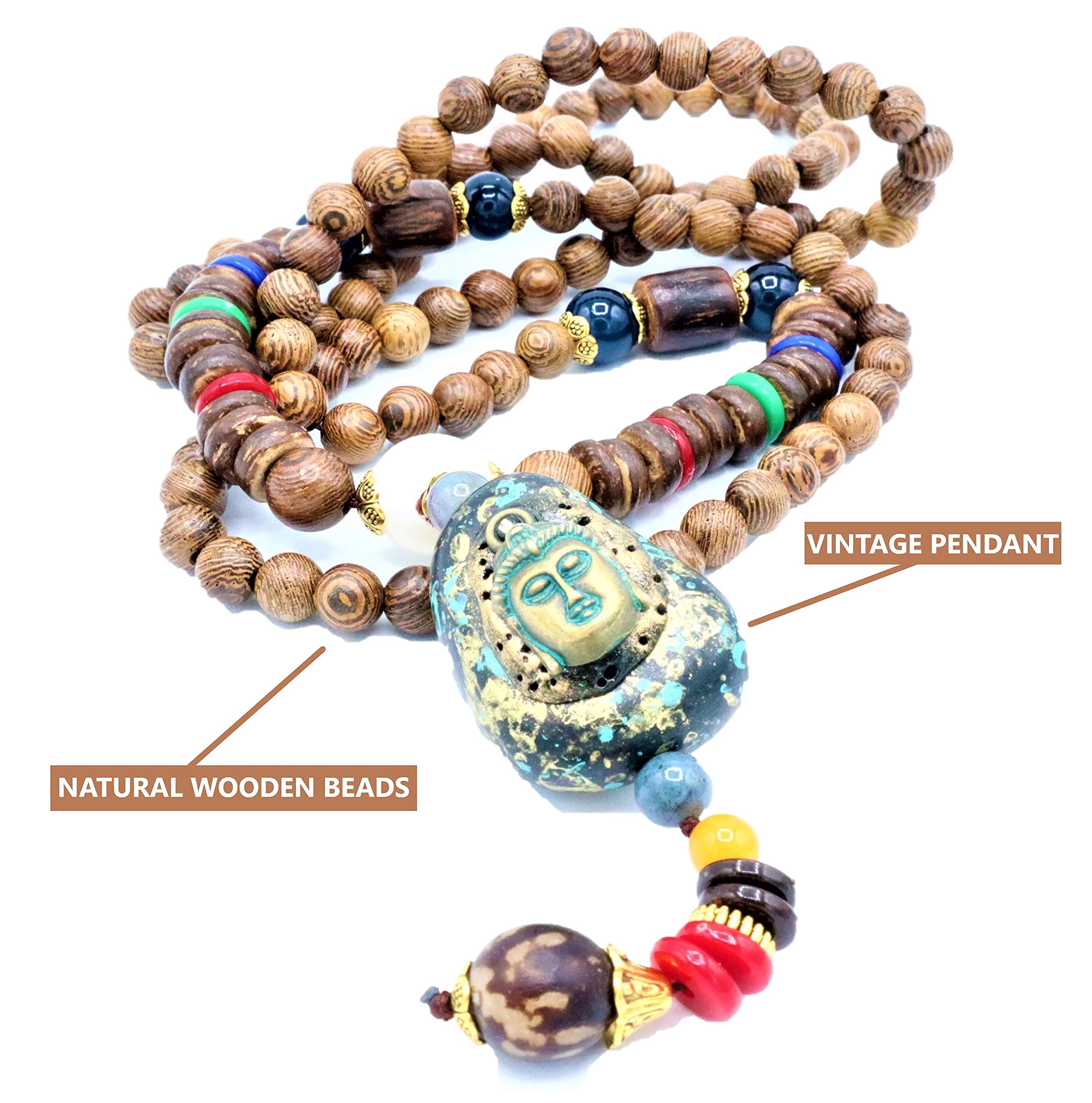 Natural Tibetan Mala Beads Buddha Necklace Pendant for Positive Energy - Yoga, Meditation & Spiritual Jewelry for Men and Women - Perfect for Mindfulness Practice, Daily Wear & Gift Giving