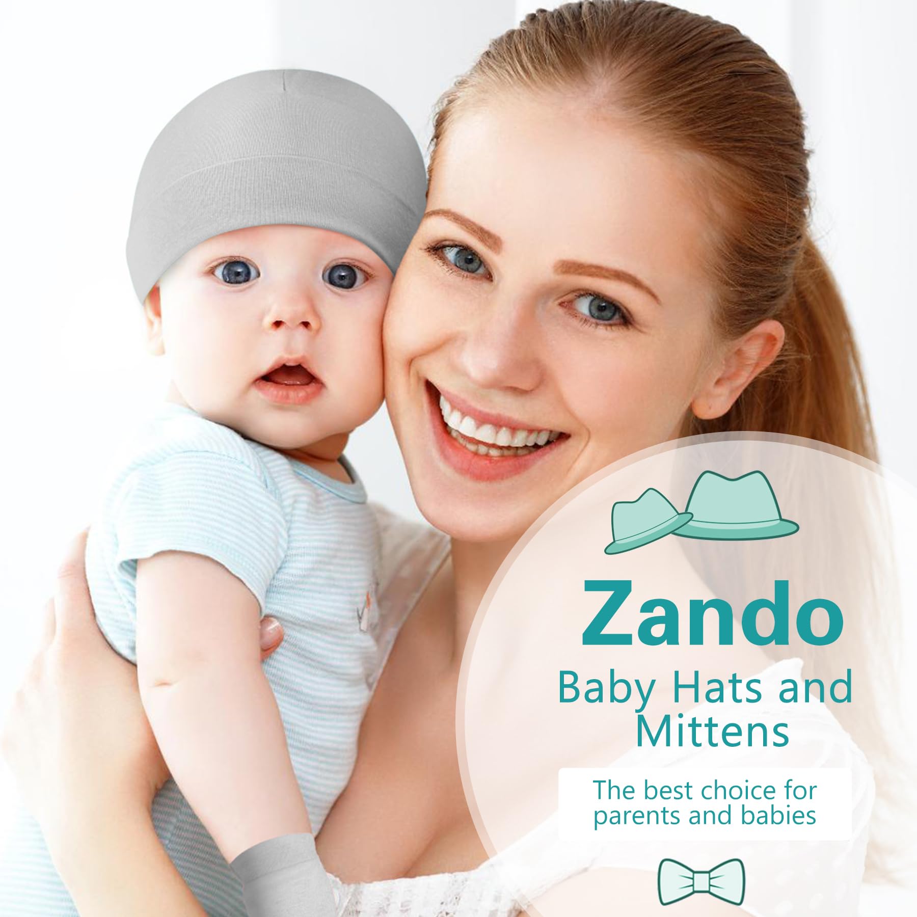 Zando Baby Hats and Mittens Set - Unisex Newborn Beanie Caps with Scratch Mittens for Infant Boys & Girls | Soft Hospital Hat for Newborns | Perfect for Winter, Photoshoots & Baby Showers
