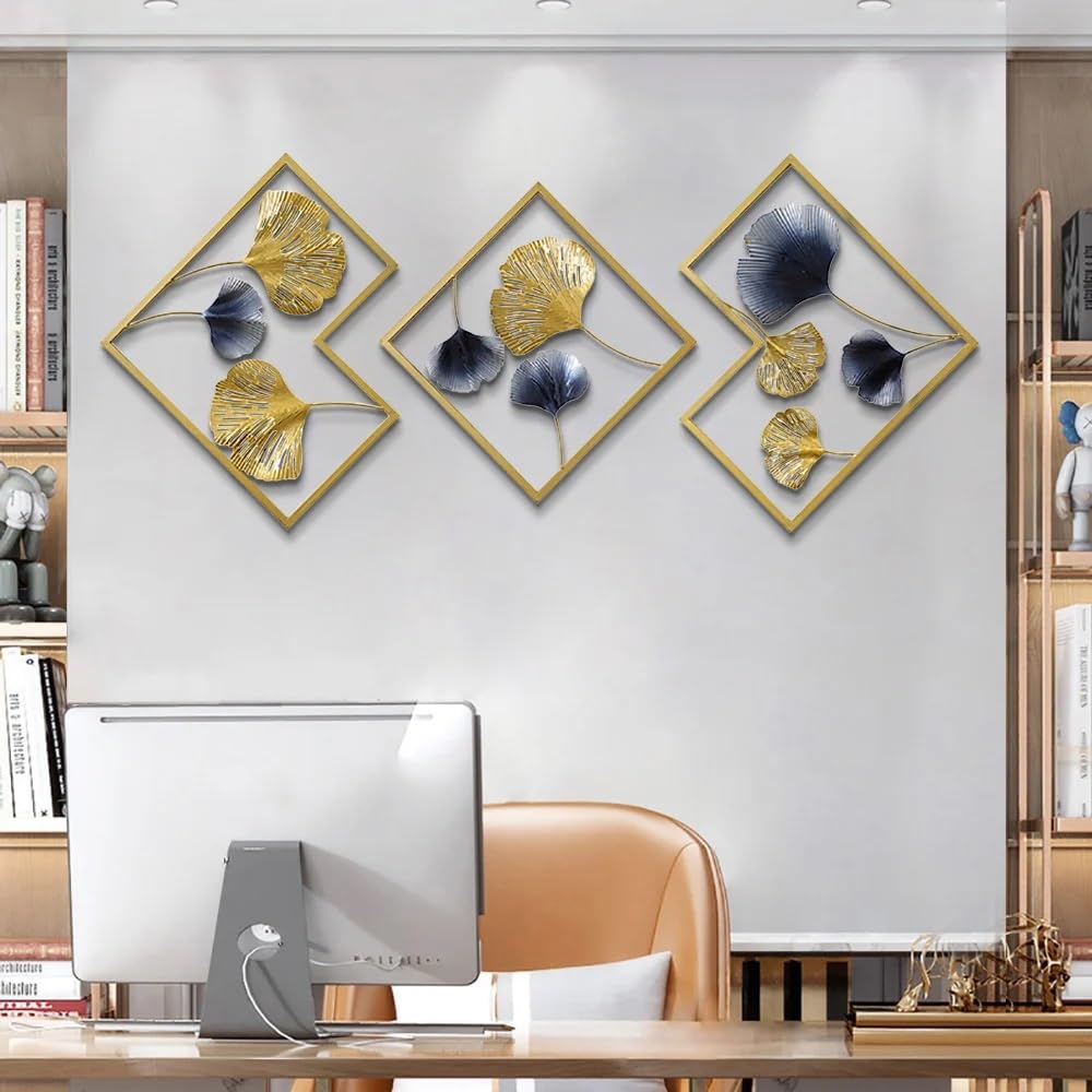 Design World Gifts And Interiors Metal Wall Art Decor - Set of 3 Ginkgo Leaf Sculptures for Living Room, Office, Bedroom & Hotel | Modern Wall Hanging Decor for Home & Commercial Spaces