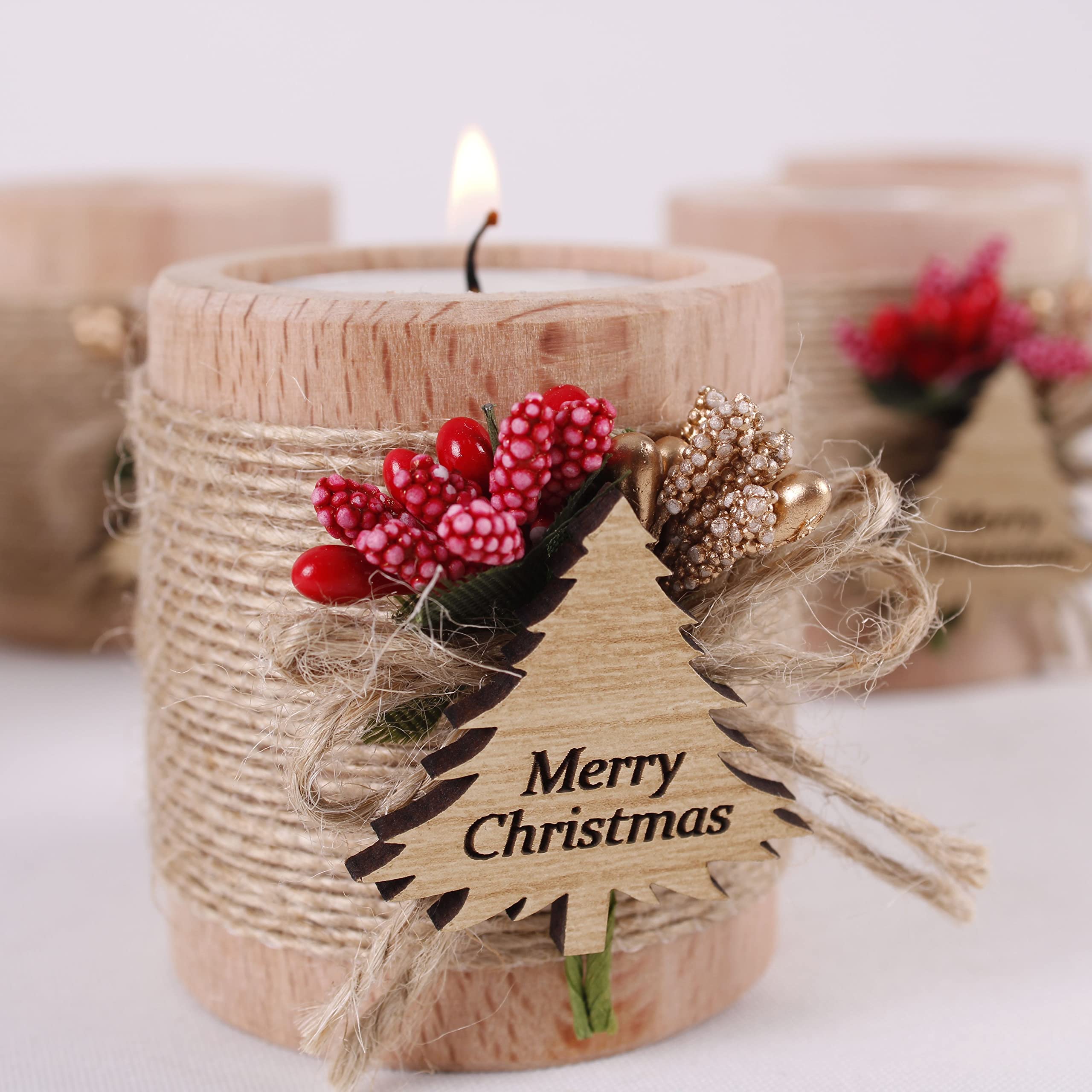 Pack of 10 Wooden Tealight Candle Holders - Christmas Tree Shaped Holiday Decorations for Xmas, New Year & Noel - Light Brown Bulk Candles for Home, Party & Festive Decor