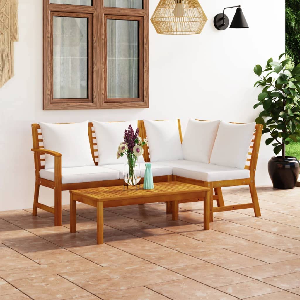vidaXL 4-Piece Patio Lounge Set - Outdoor Sectional Sofa with Cushions, Cream Acacia Wood Modern Corner Furniture for Garden, Deck & Backyard Relaxation