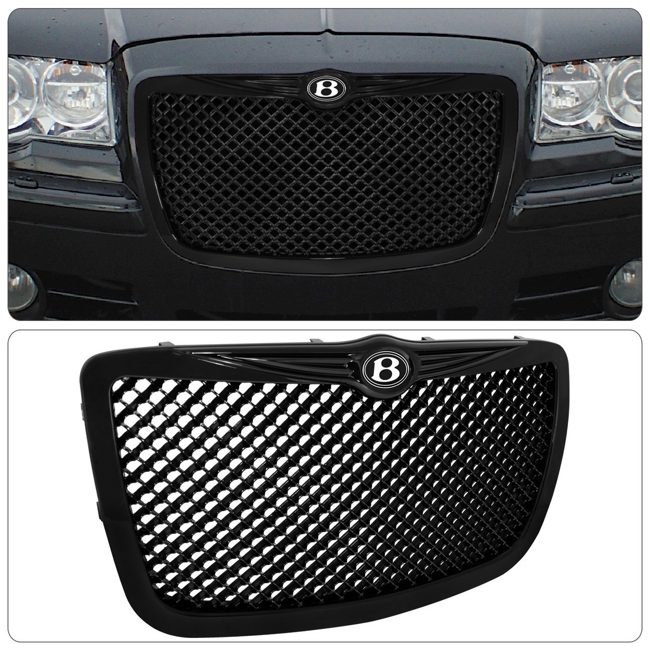 Upgraded Black Diamond Mesh Front Hood Grille for Chrysler 300 & 300C - Bentley Style Logo Emblem Replacement | Perfect for Car Enthusiasts & Luxury Vehicle Upgrades