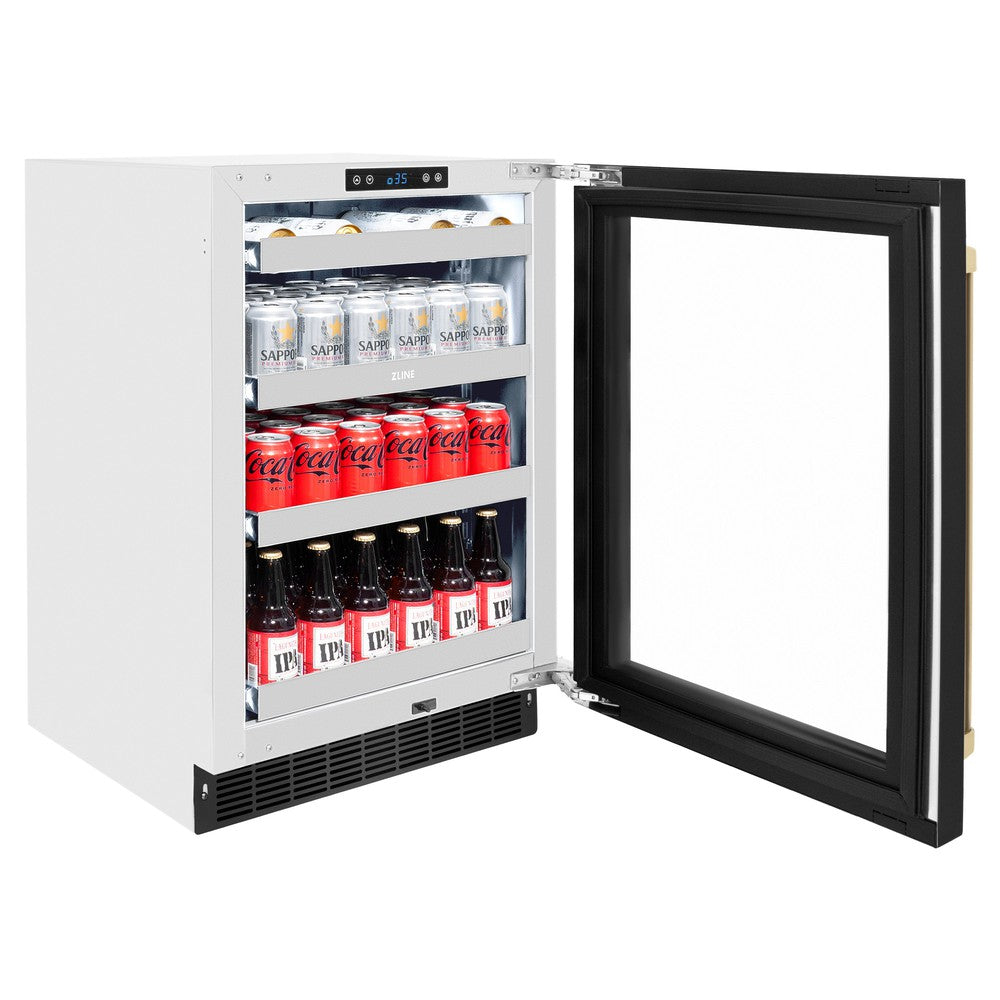 ZLINE Autograph Edition 24 Inch Touchstone 151 Can Beverage Refrigerator - Black Stainless Steel Glass Door with Champagne Bronze Handle - Compact Wine Cooler & Mini Fridge for Kitchen, Bar, Office, or Man Cave (RBSOZ BS 24 CB)