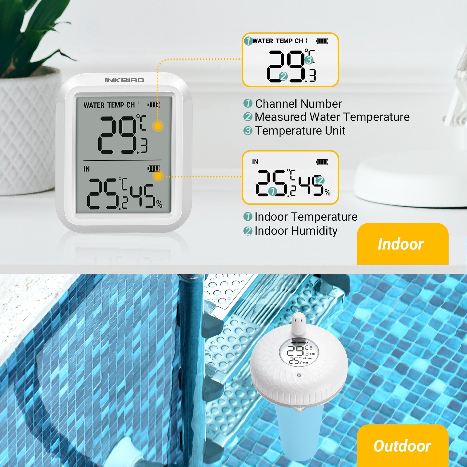 Wireless Pool Thermometer Set IBS P01R - Digital Floating Thermometer for Swimming Pools, Spas & Hot Tubs - Monitor Water Temperature Remotely with LCD Display - Perfect for Backyard, Vacation Homes & Pool Maintenance