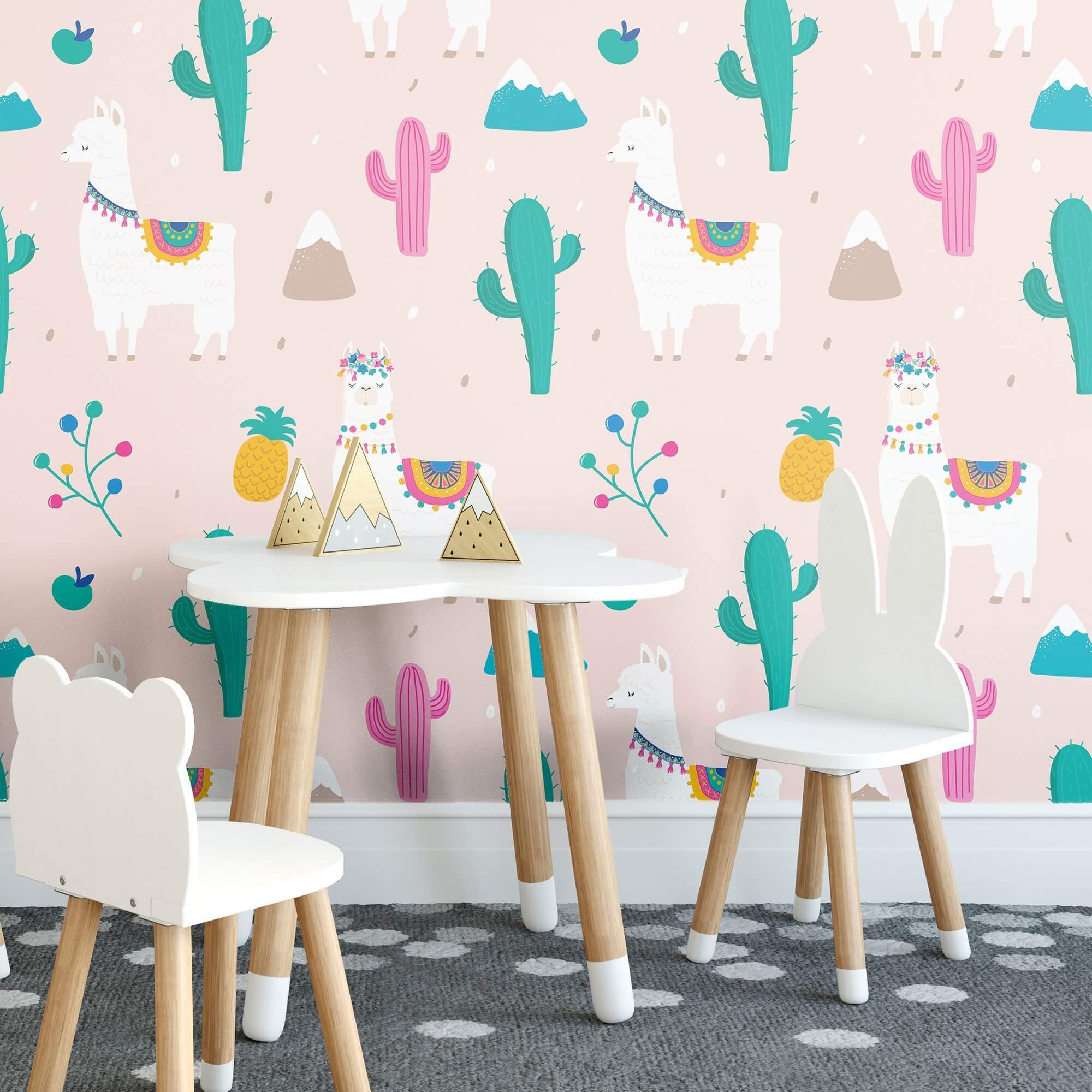 Pink Llama Themed Peel and Stick Removable Wallpaper - Self-Adhesive Decorative Wall Covering for Kids Room, Nursery, Dorm & Home Decor