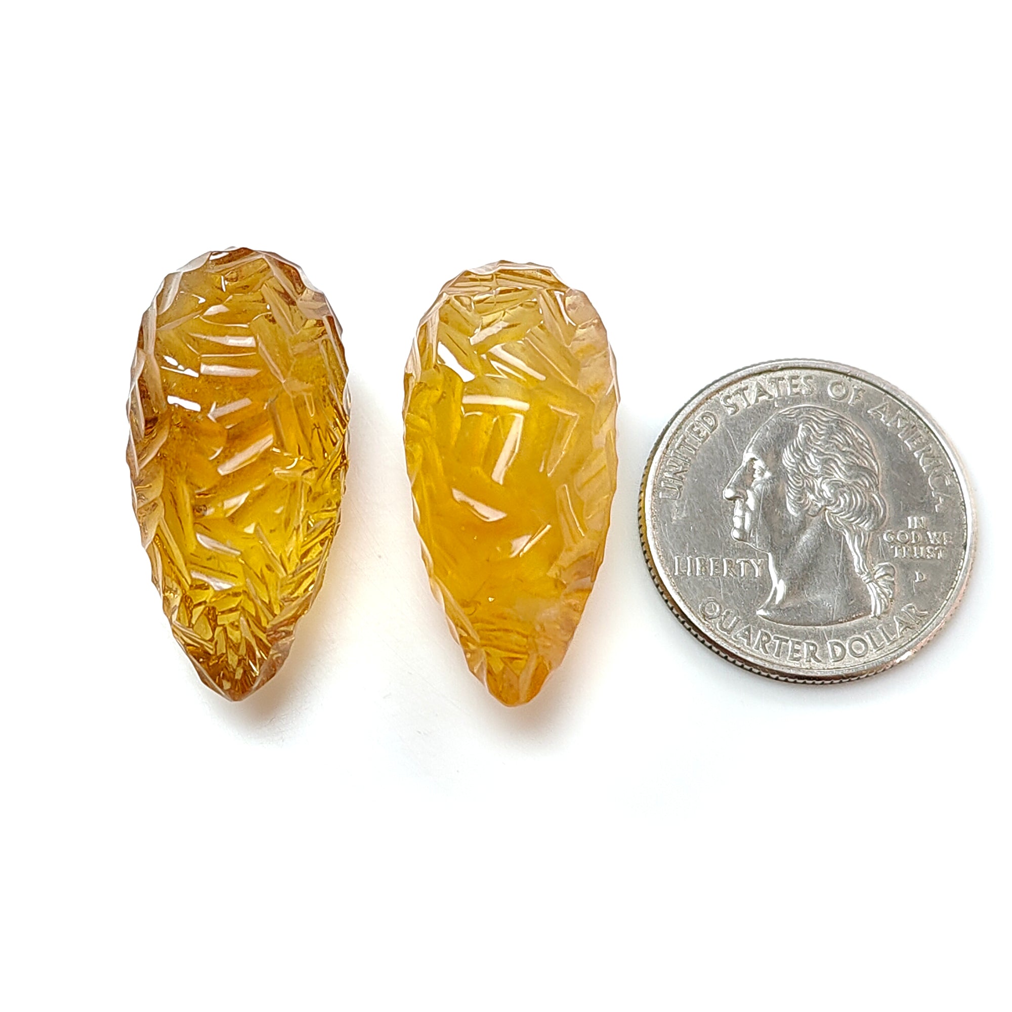 Natural Untreated Yellow Citrine Gemstone Carving - 90.70cts Hand Carved Teardrop Shape Pair (31mm) | November Birthstone Jewelry Making Supplies | Perfect for Necklace Pendants, Earrings & Gift Giving