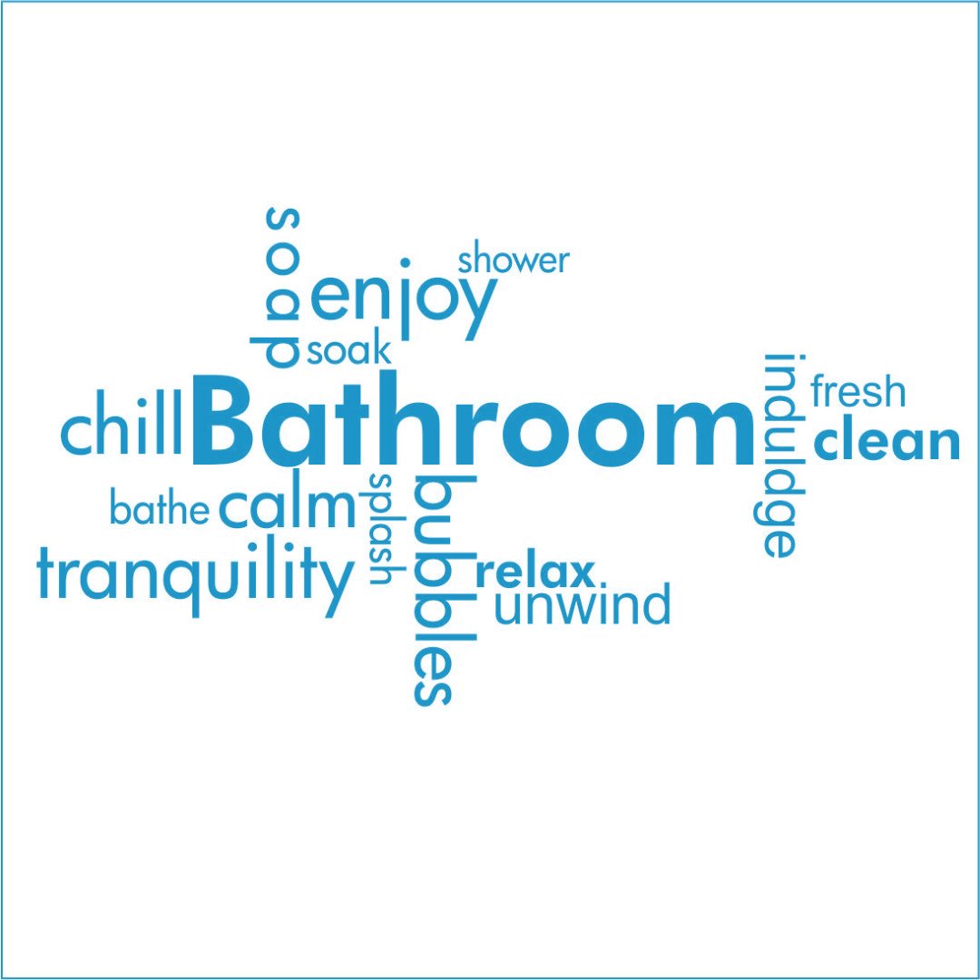Large Blue Bathroom Word Jumble Vinyl Decal - Fun Wall Sticker for Home Decor, Kids Room & Nursery - Perfect for Bathroom, Shower, Mirror & Tile Decoration
