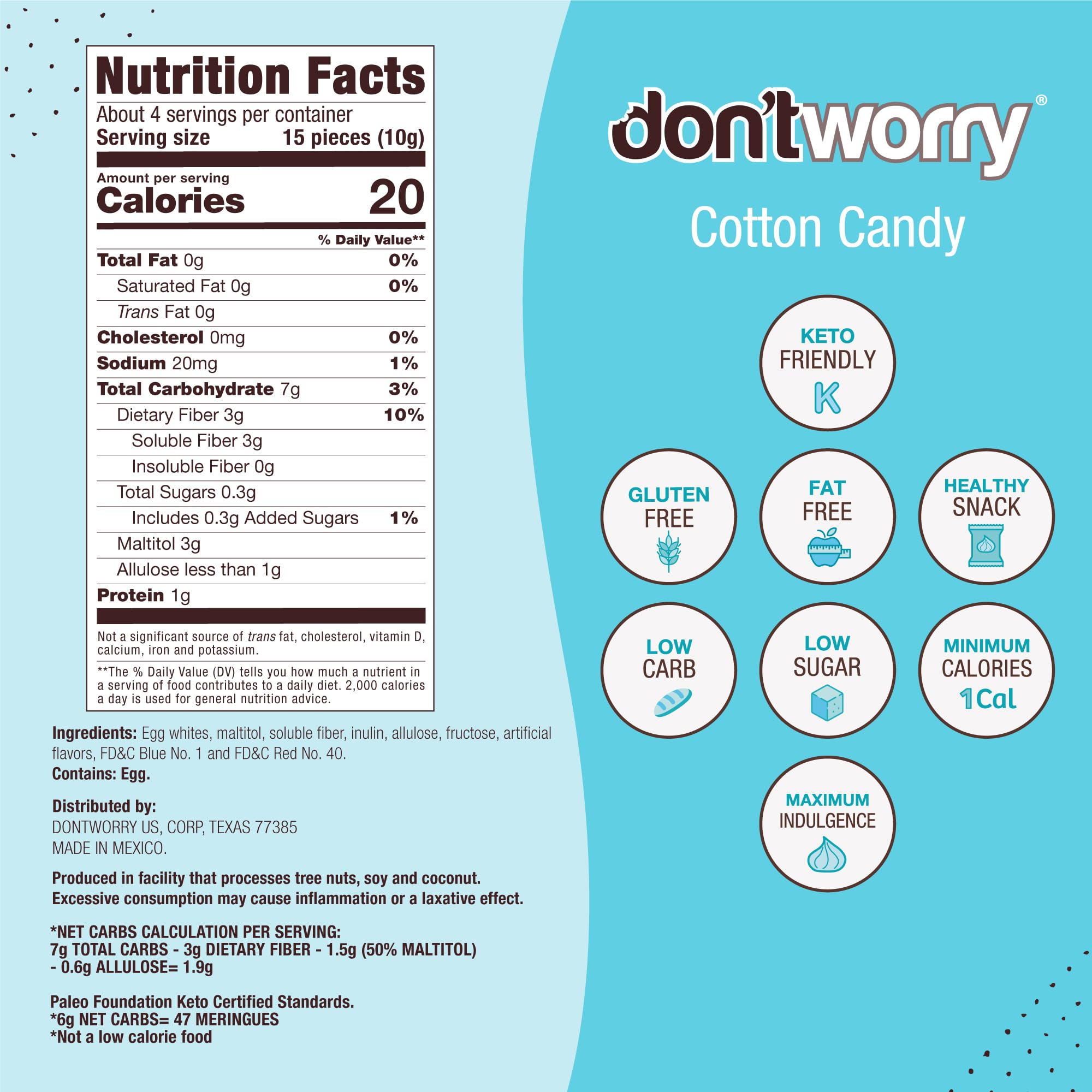 Keto-Friendly Meringue Cookies - Cotton Candy Flavor, Only 1 Calorie per Piece | Gluten-Free, Low Carb, Low Sugar Healthy Snacks (4 Pack) - Perfect for Weight Loss, Diabetic-Friendly Diets & Guilt-Free Desserts