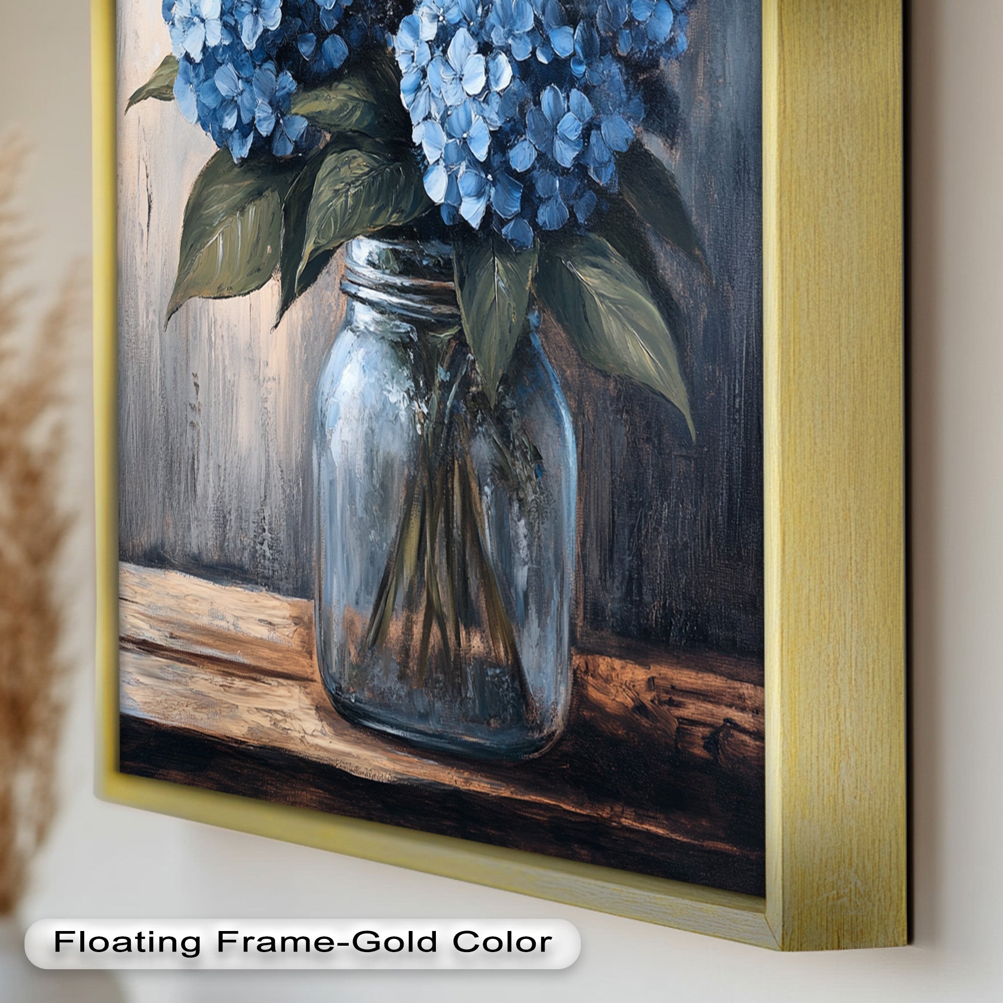 Blue Serenity Hydrangea Blooms in Mason Jar - Floral Oil Painting Wall Art for Home Decor, Living Room, Bedroom & Office | Handmade Canvas Artwork