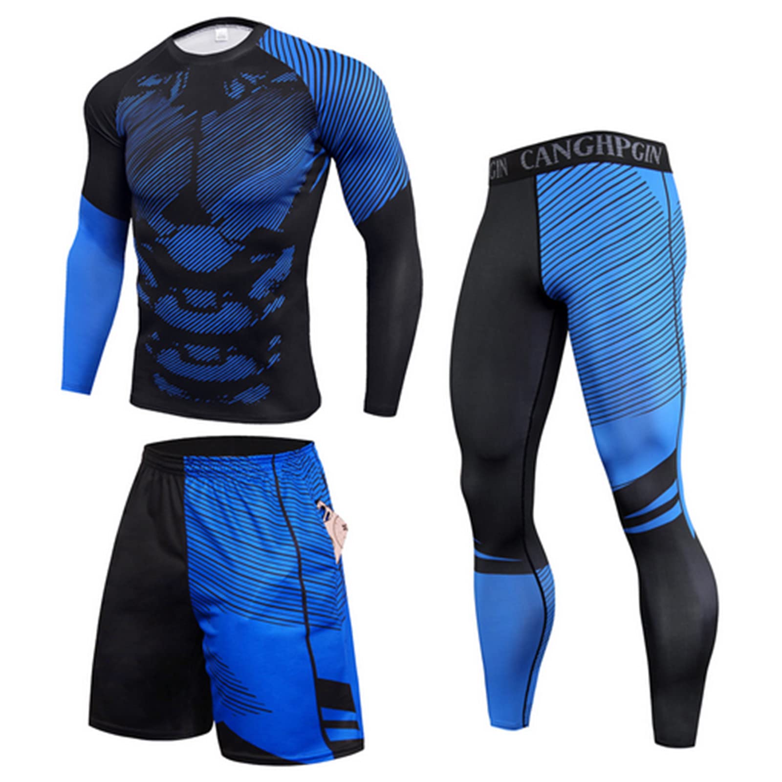 3Pcs Men's Compression Workout Set - Long Sleeve Shirt, Pants & Shorts - Moisture Wicking Athletic Wear for Gym, Running & Training - Perfect for Fitness, Sports & Active Lifestyle