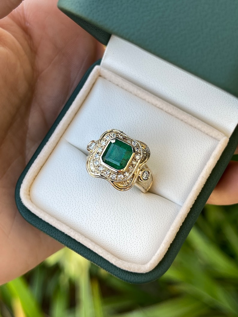 2.17tcw 14K Gold Intense Dark Green Emerald Cut Diamond Vintage Statement Ring - Perfect for Weddings, Anniversaries & Special Occasions