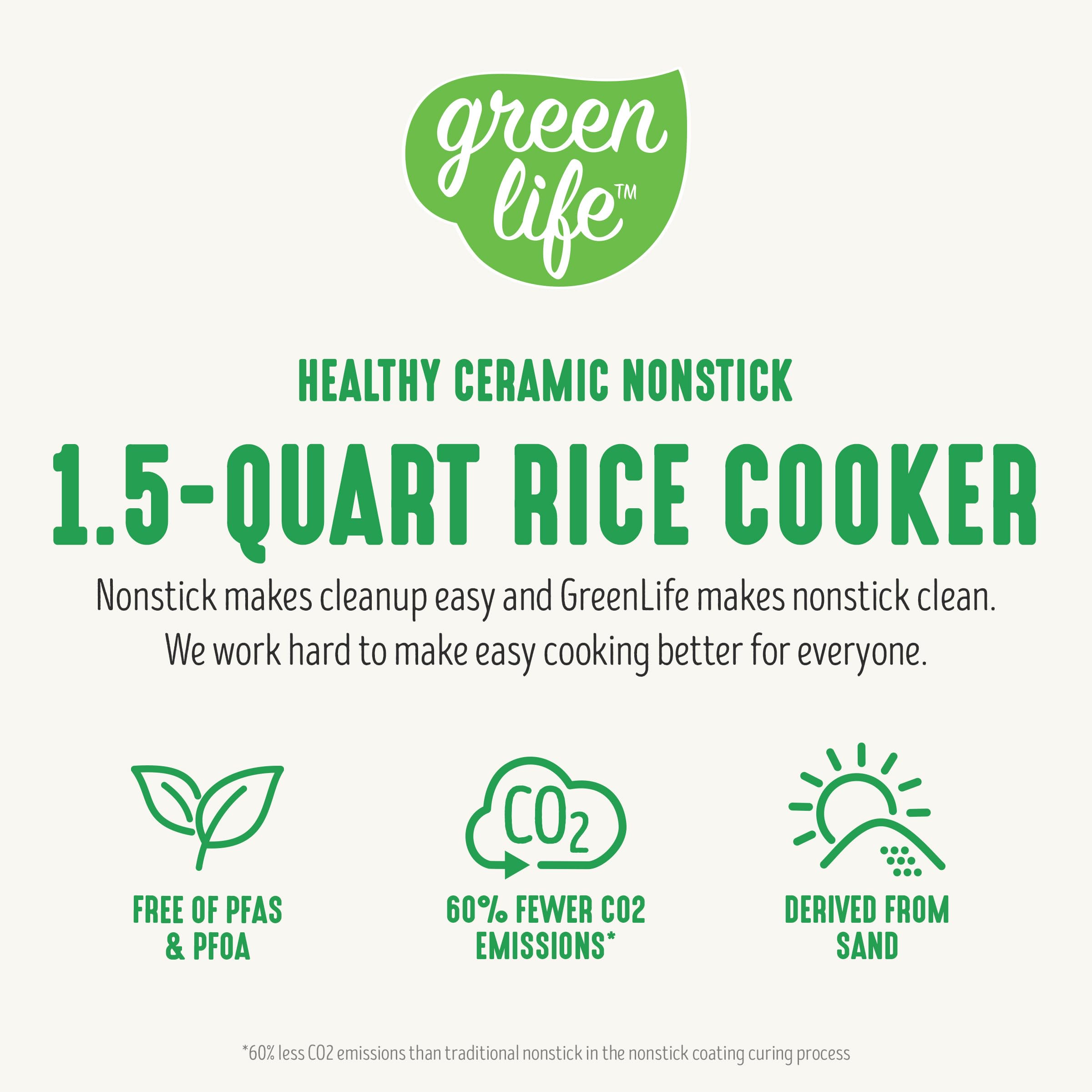 GreenLife Electric Rice Cooker Steamer - 3 Cup Uncooked/6 Cup Cooked Capacity, PFAS-Free Nonstick Removable Pot with Auto Presets | Wood Print Handle, Dishwasher Safe | Includes Measuring Cup & Rice Paddle in Quartz Grey | Perfect for Small Families, Dorm Rooms & Meal Prep