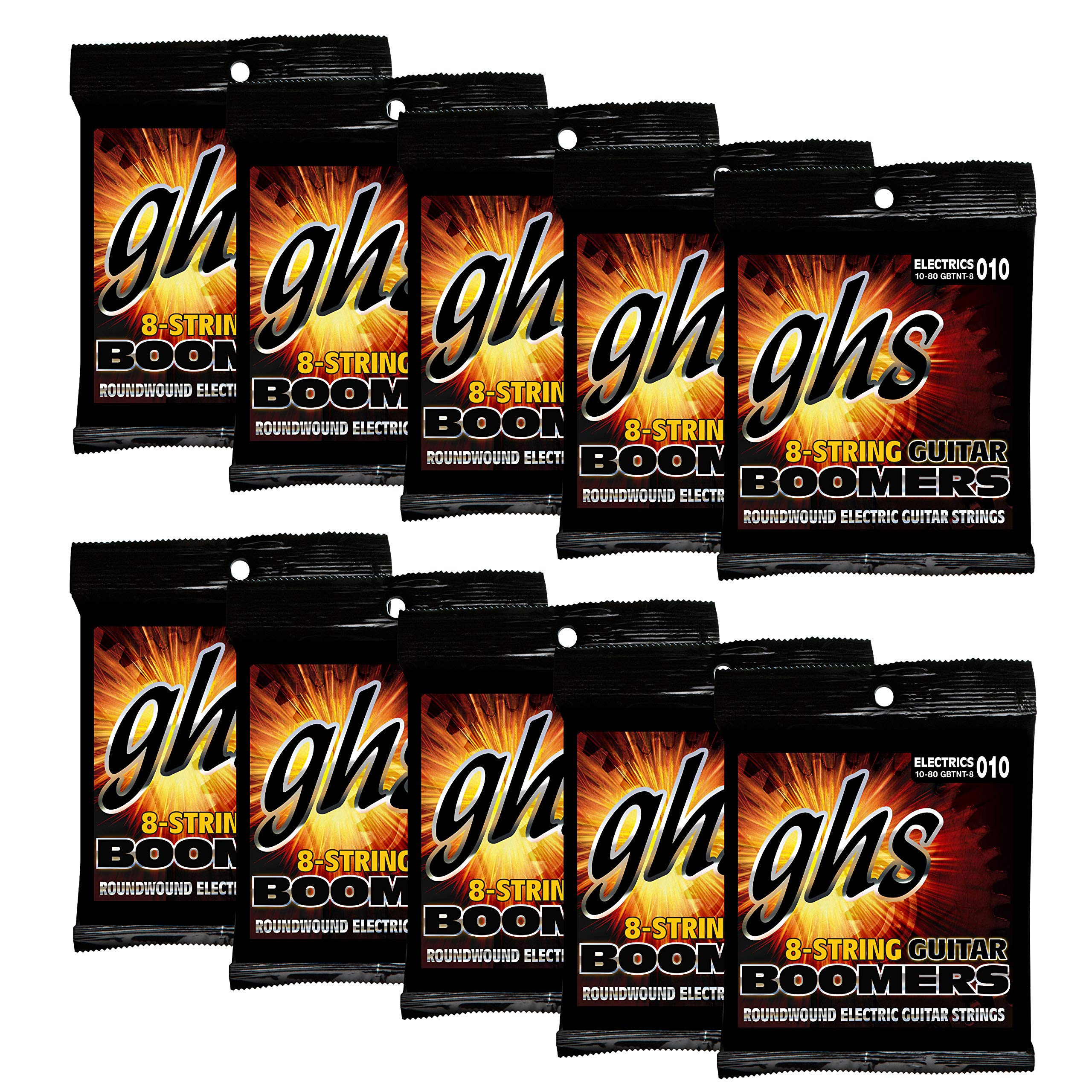 GHS Strings GBTNT-8-10 Pack - 8-String Nickel-Plated Electric Guitar Strings Set (10-80 Gauge) for Heavy Metal & Extended Range - Thin-Thick Boomers - 10 Pack - Perfect for Drop Tuning & Extended Range Guitars