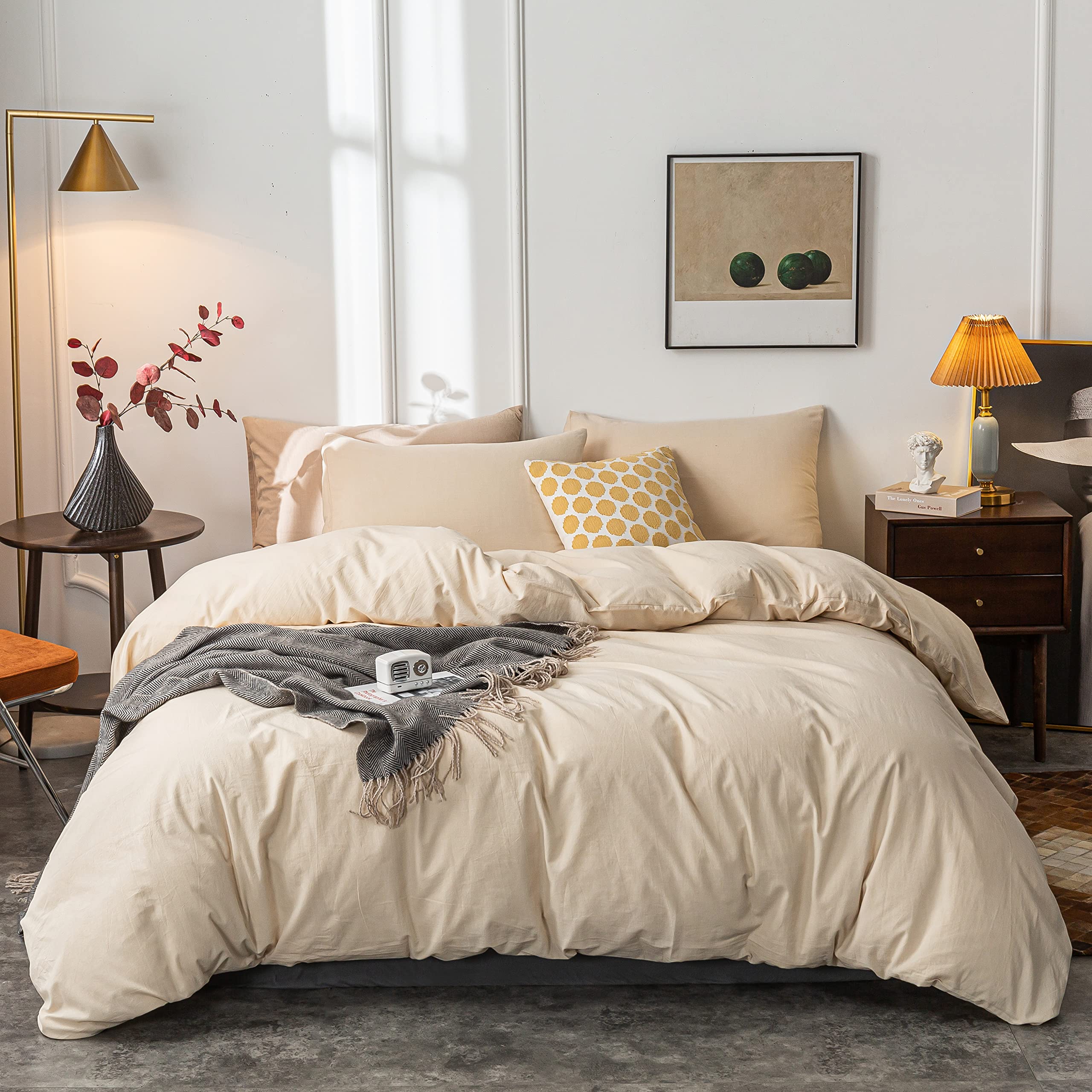 Janlive 100% Washed Cotton Duvet Cover King Size - Ultra Soft Solid Beige 3-Piece Set with Zipper Closure | Breathable Bedding for All Seasons | Perfect for Master Bedroom, Guest Room & Vacation Homes