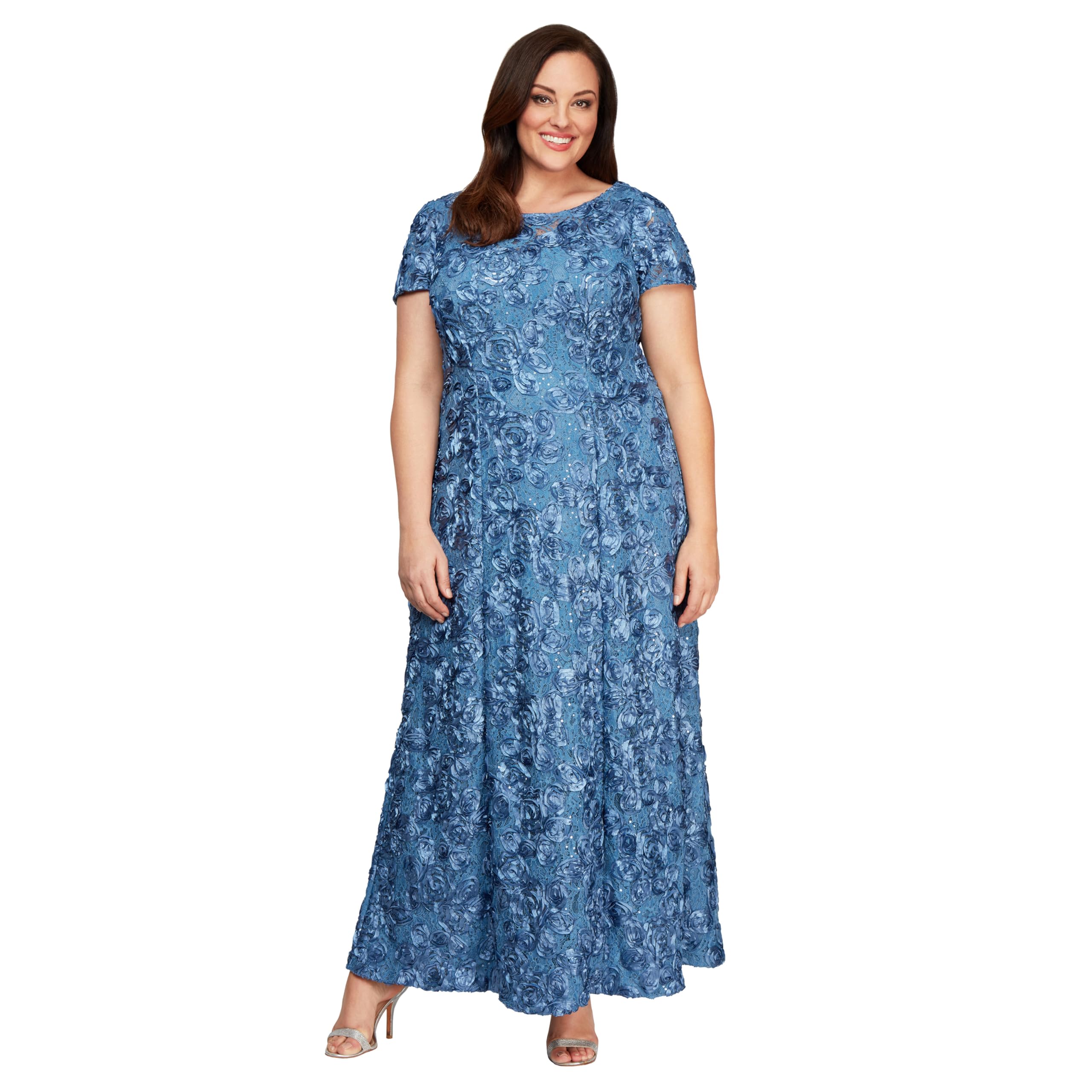 Alex Evenings Women's Plus Size Long Rosette Mother of The Bride Dress with Short Sleeves - Elegant Formal Gown for Weddings, Special Occasions & Evening Events
