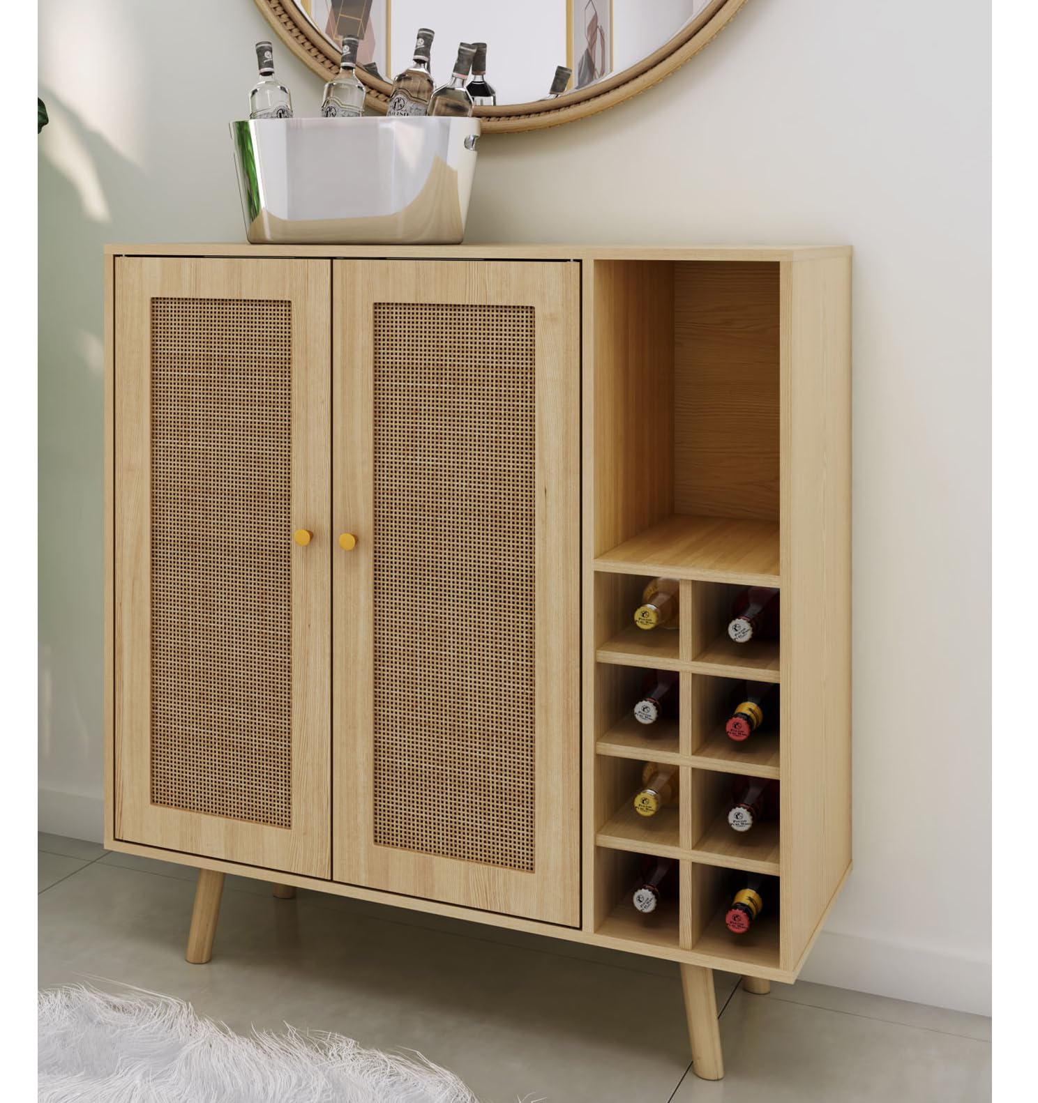 Atlantic Loft & Luv Remy Boho Mid-Century Bar Cabinet with Natural Rattan Panels - Vintage Storage Cabinet with Natural Wood Finish - Perfect for Living Room, Dining Room or Home Bar Decor