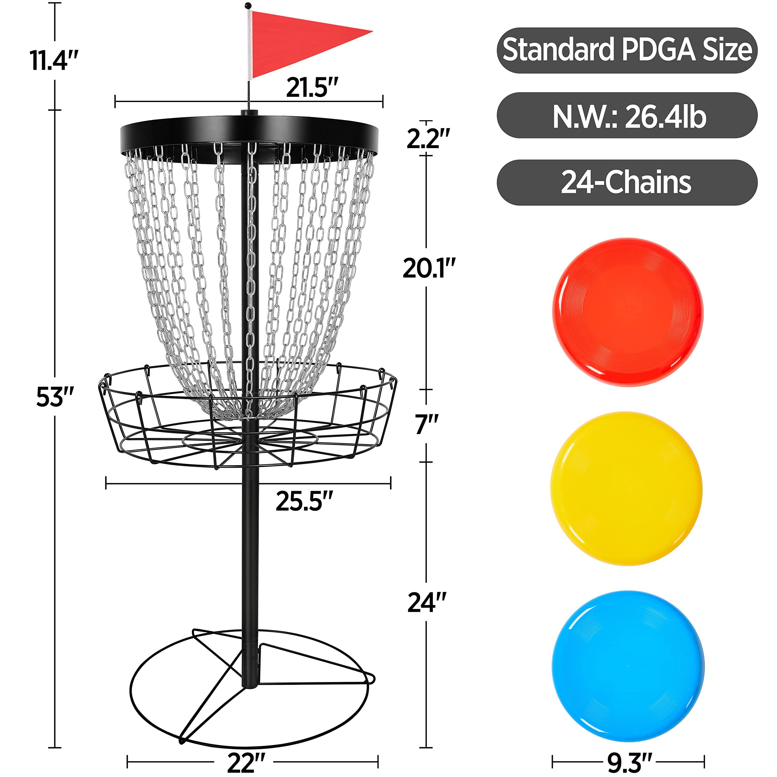 Topeakmart Portable 24-Chain Disc Golf Basket with 3 Discs - Professional Flying Disc Golf Practice Target & Steel Goal - Outdoor Sports Equipment for Backyard, Park & Training