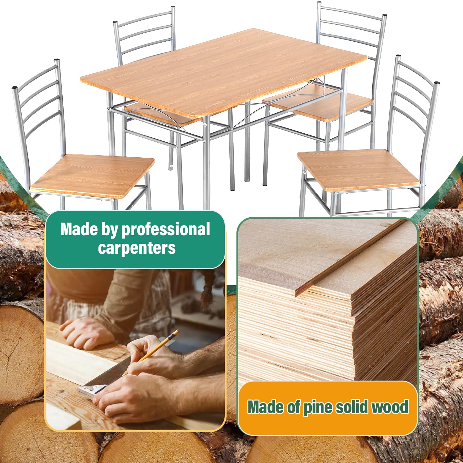 PayLessHere 5-Piece Wooden Dining Table Set with Metal Legs - Modern Rectangular Kitchen Table & 4 Chairs for Small Space, Breakfast Nook, Apartment Dining Room | Durable Home Furniture for Family Gatherings