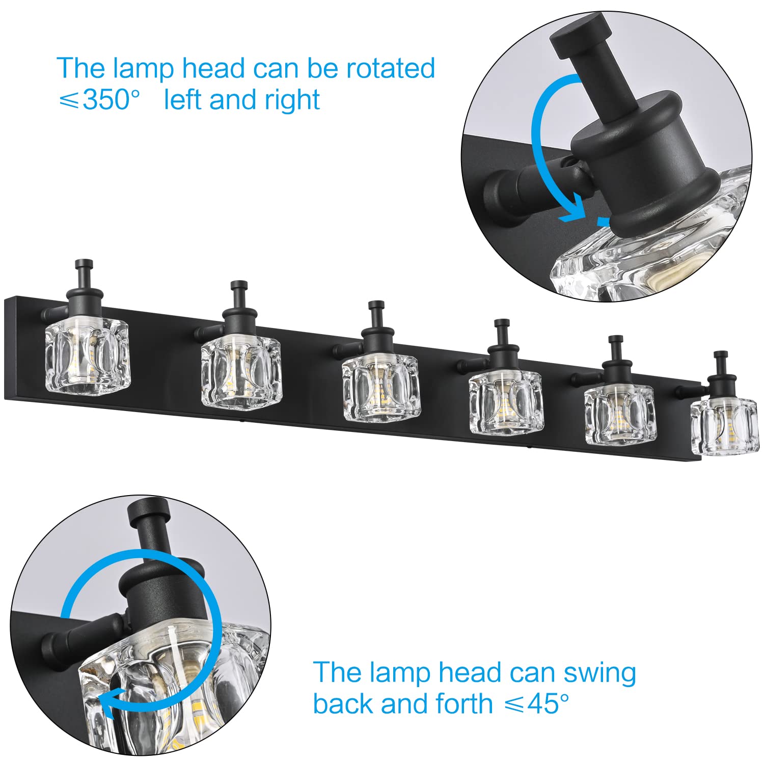 PRESDE Modern Crystal Black 6-Light Bathroom Vanity Lighting Fixture - Elegant Wall Sconce for Mirror Lighting (Bulbs Not Included) | Perfect for Bathroom Makeover, Spa-Like Ambiance & Modern Home Decor