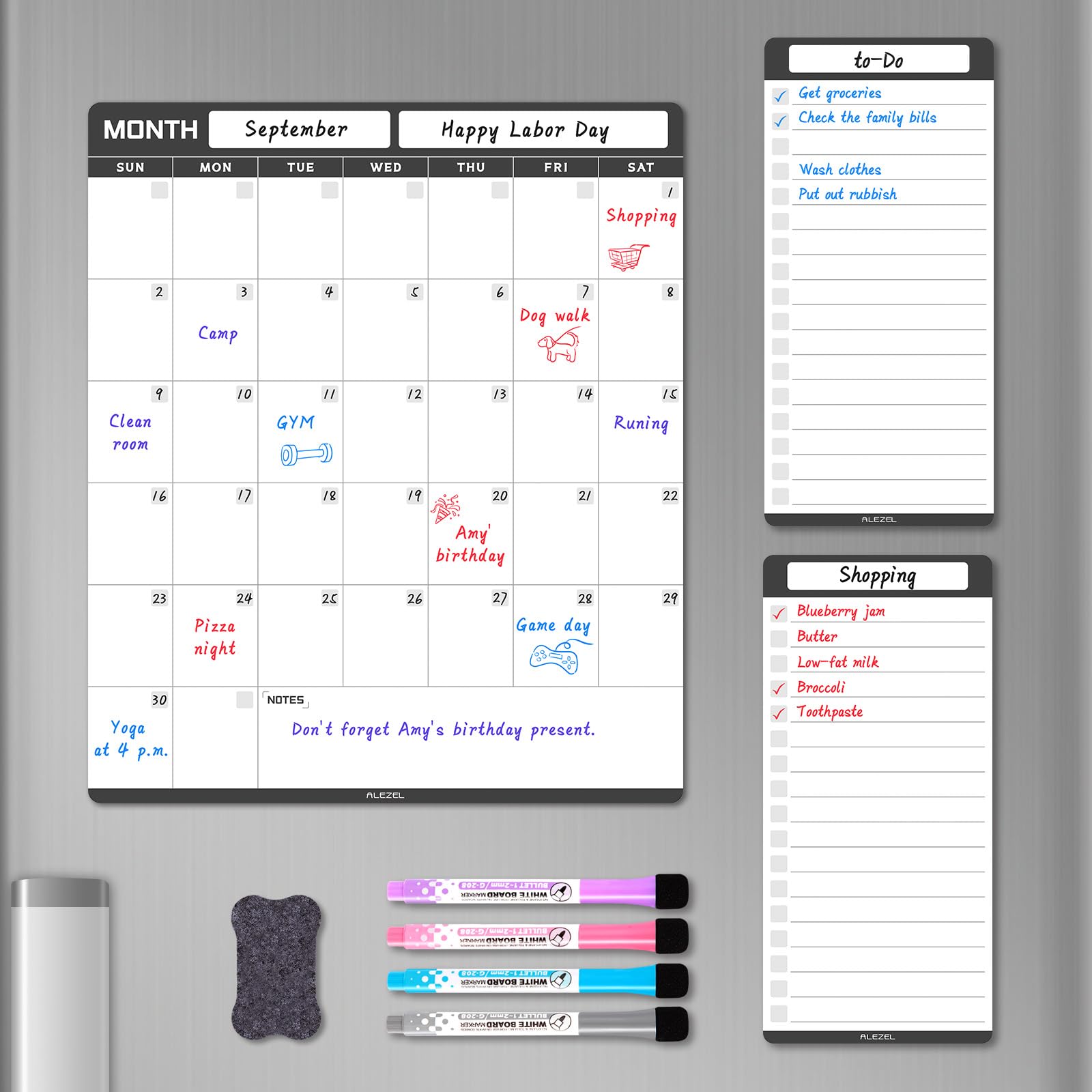Magnetic Dry Erase Calendar for Refrigerator - Vertical Whiteboard Planner with 2 List Boards, 4 Markers & Eraser | Perfect for Kitchen Organization, Meal Planning & Family Schedules
