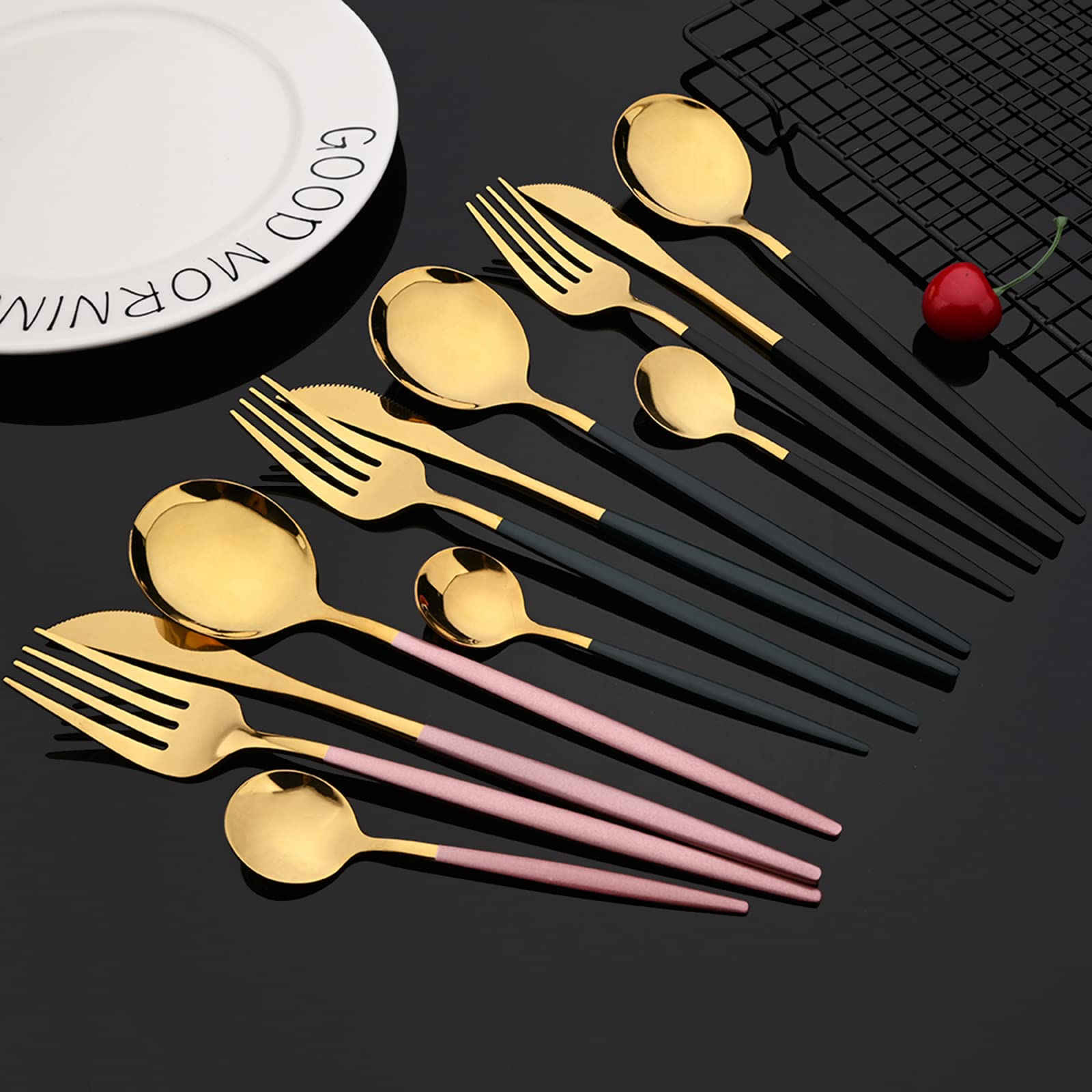 JASHII 24-Piece Stainless Steel Flatware Set - Pink & Gold Plated Forks & Spoons with Stand, Mirror Polished Cutlery Set for 6, Elegant Dining Tableware | Perfect for Wedding Gifts, Dinner Parties & Home Decor