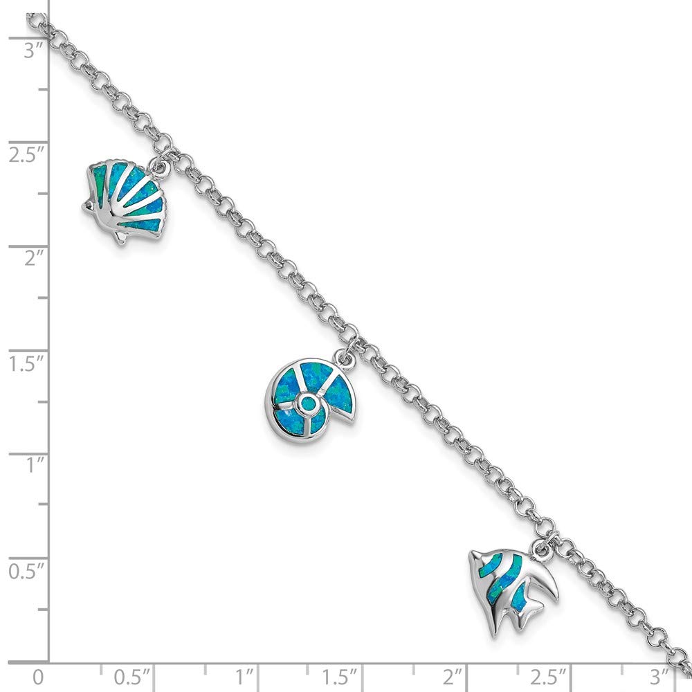 925 Sterling Silver Blue Opal Fish & Shell Charm Pendant Bracelet for Women - Elegant Fine Jewelry Gift for Her (7.25