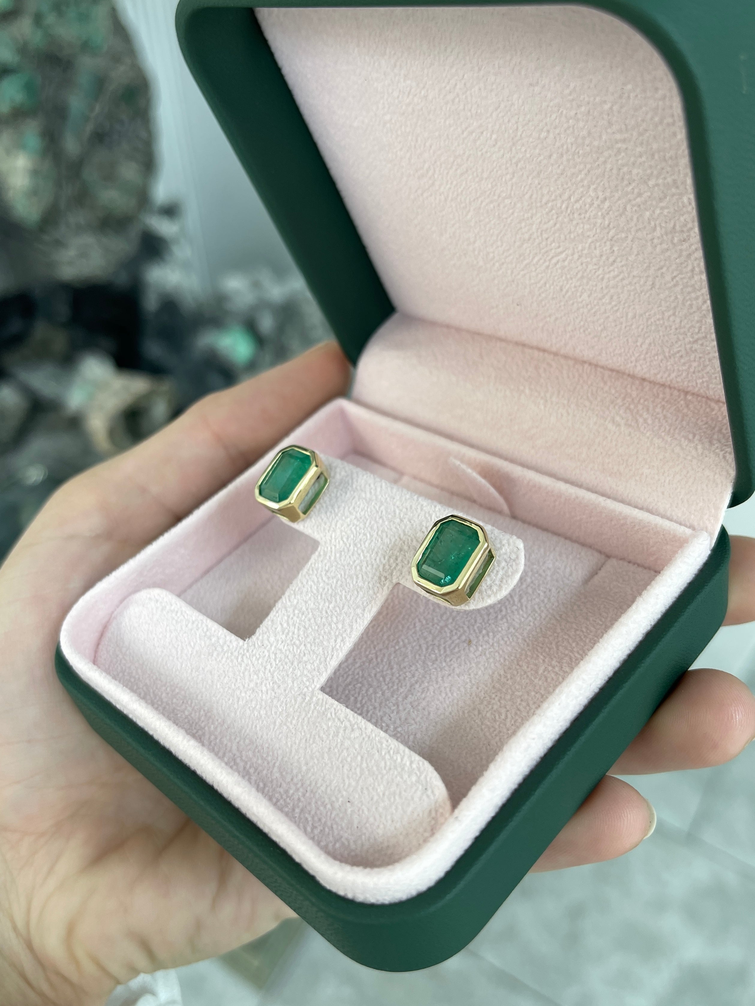 6.0tcw Natural Emerald Stud Earrings in 18K Gold Bezel Setting - Elegant Jewelry for Women, Perfect for Weddings, Parties & Daily Wear