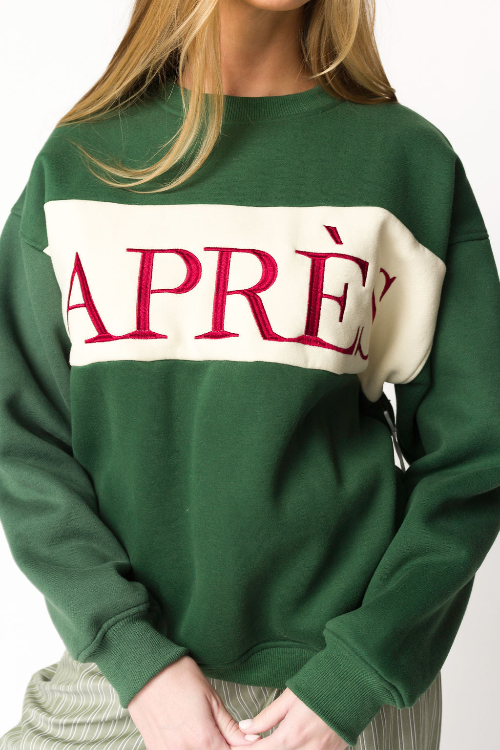 Pine Green Colorblocked Crewneck Sweatshirt for Women | Trendy Casual Pullover | Perfect for Fall Outfits & Layering