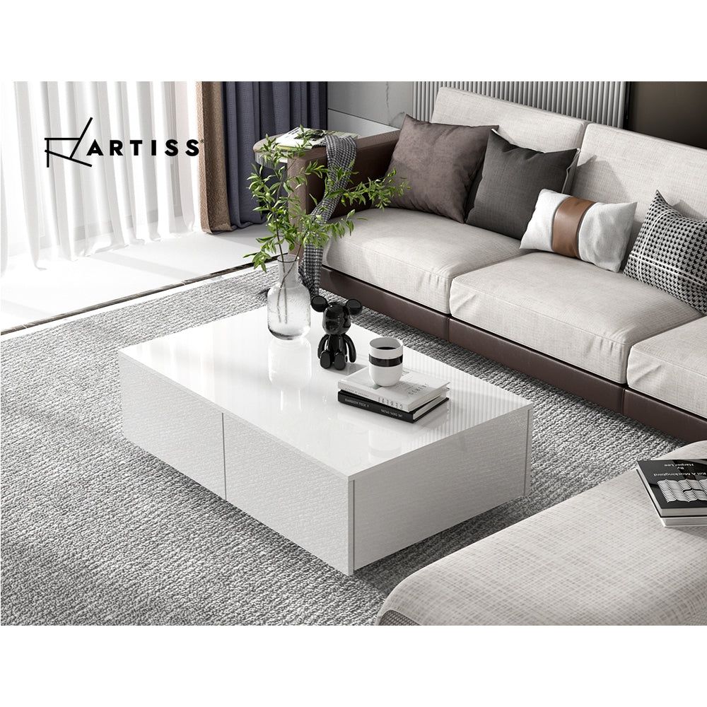 Modern White High Gloss Coffee Table with 4 Storage Drawers - Stylish Living Room Furniture for Small Spaces & Home Decor