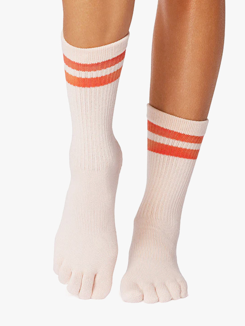 ToeSox Full Toe Grip Socks for Yoga, Pilates & Barre - Non-Slip Hot Coral Striped Workout Socks for Women - Perfect for Dance, Fitness & Studio Classes