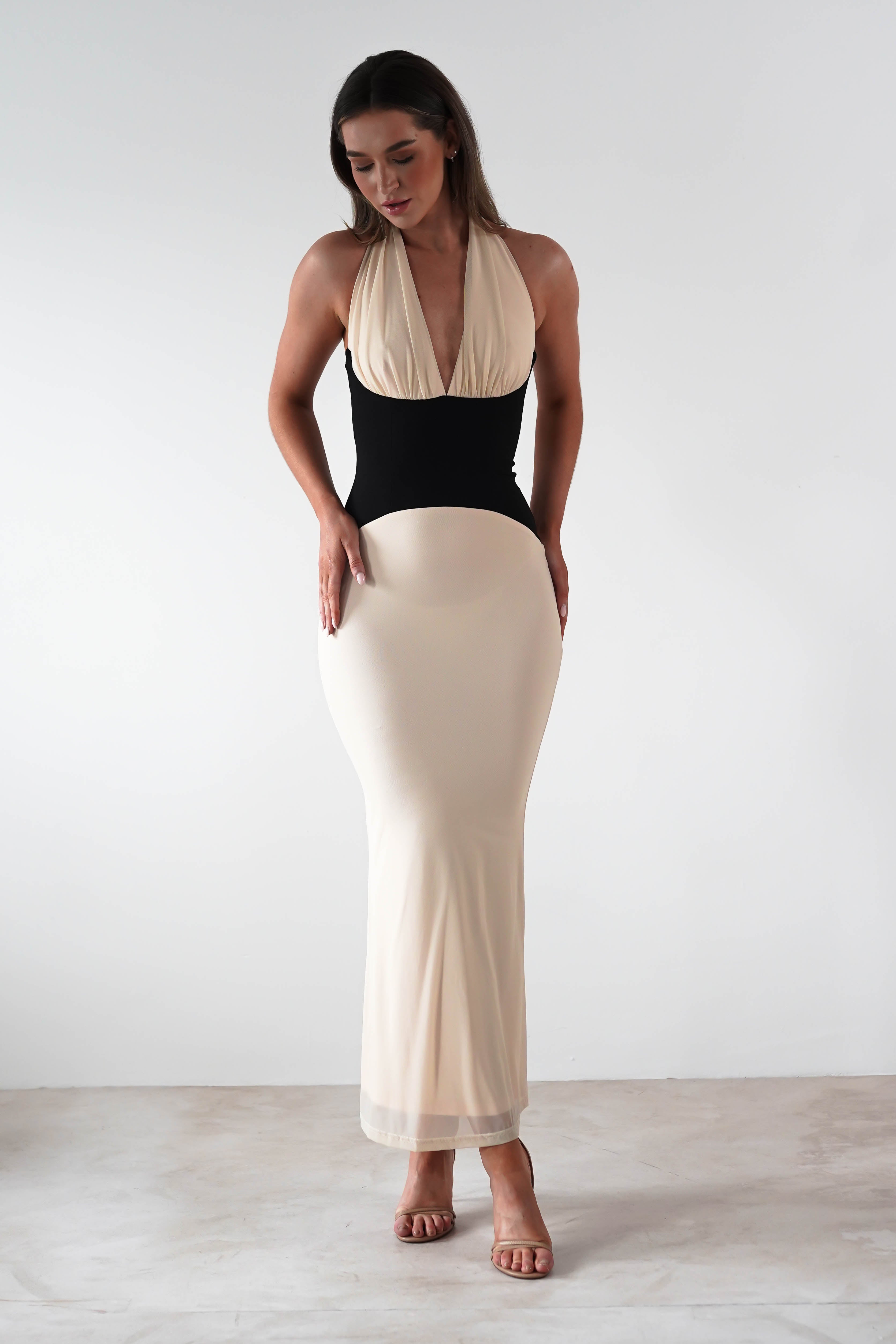 Addae Bodycon Mesh Maxi Dress for Women - Sexy Long Sleeve Slit Evening Gown in Beige & Black | Perfect for Parties, Date Nights & Special Occasions