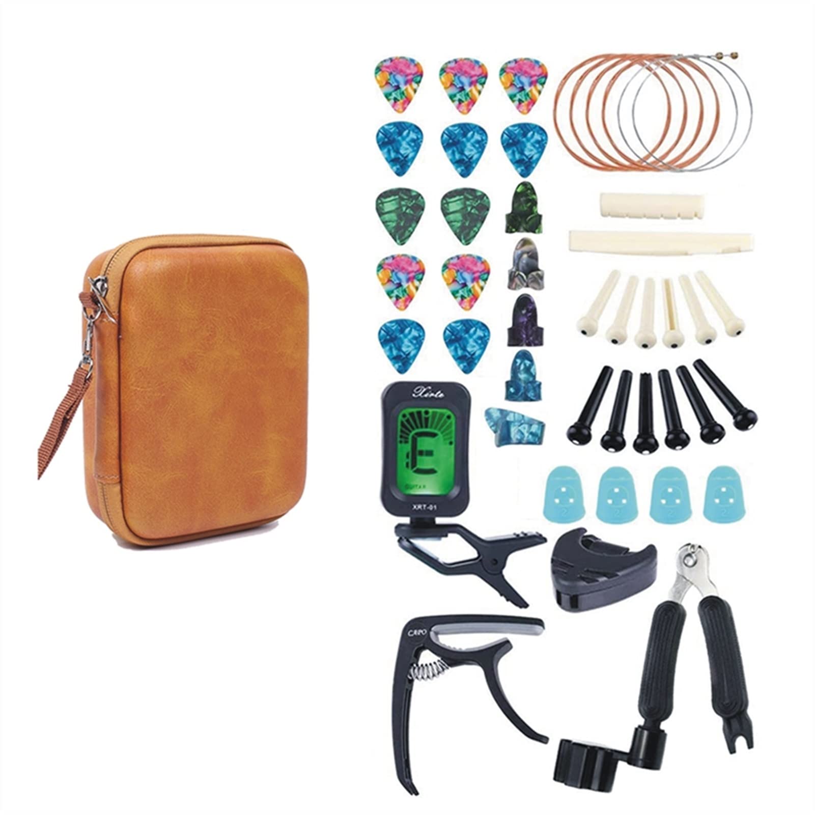 Professional Guitar Accessories Kit - Complete Luthier Tool Set for Guitar Players & Beginners | Strings, Picks, Wrench, Tuner | Perfect for Maintenance, Repair & Setup (Brown) | Ideal for Home Practice, Studio Recording & Live Performances