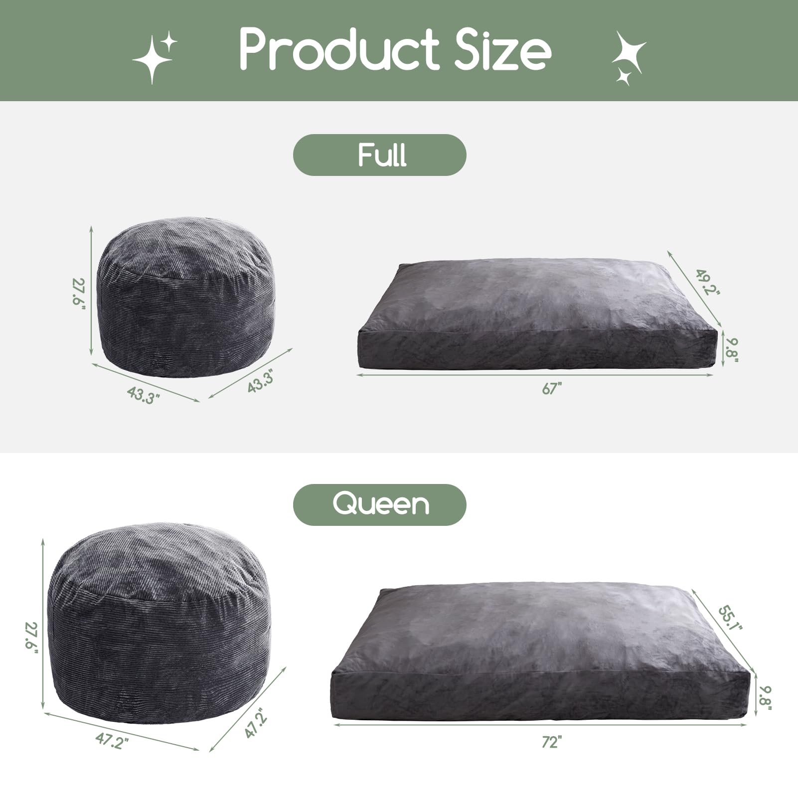 Giant Bean Bag Chair Bed for Adults - Convertible Lazy Chair to Floor Mattress, Large Foam-Filled Floor Sofa for Couples & Family, Machine Washable | Perfect for Living Room, Bedroom, Game Room & Dorm Relaxation